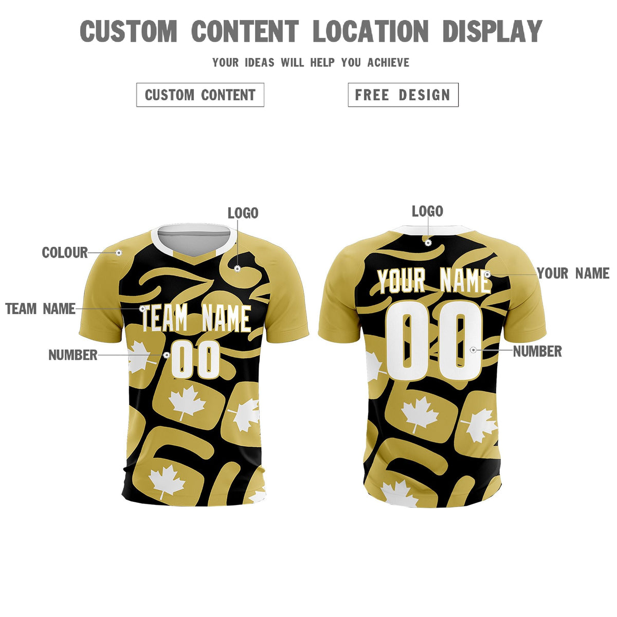 Custom Old Gold Black Canada Maple Leaves World Cup Inspired Drapable Graffiti Pattern Soccer Sets Jersey