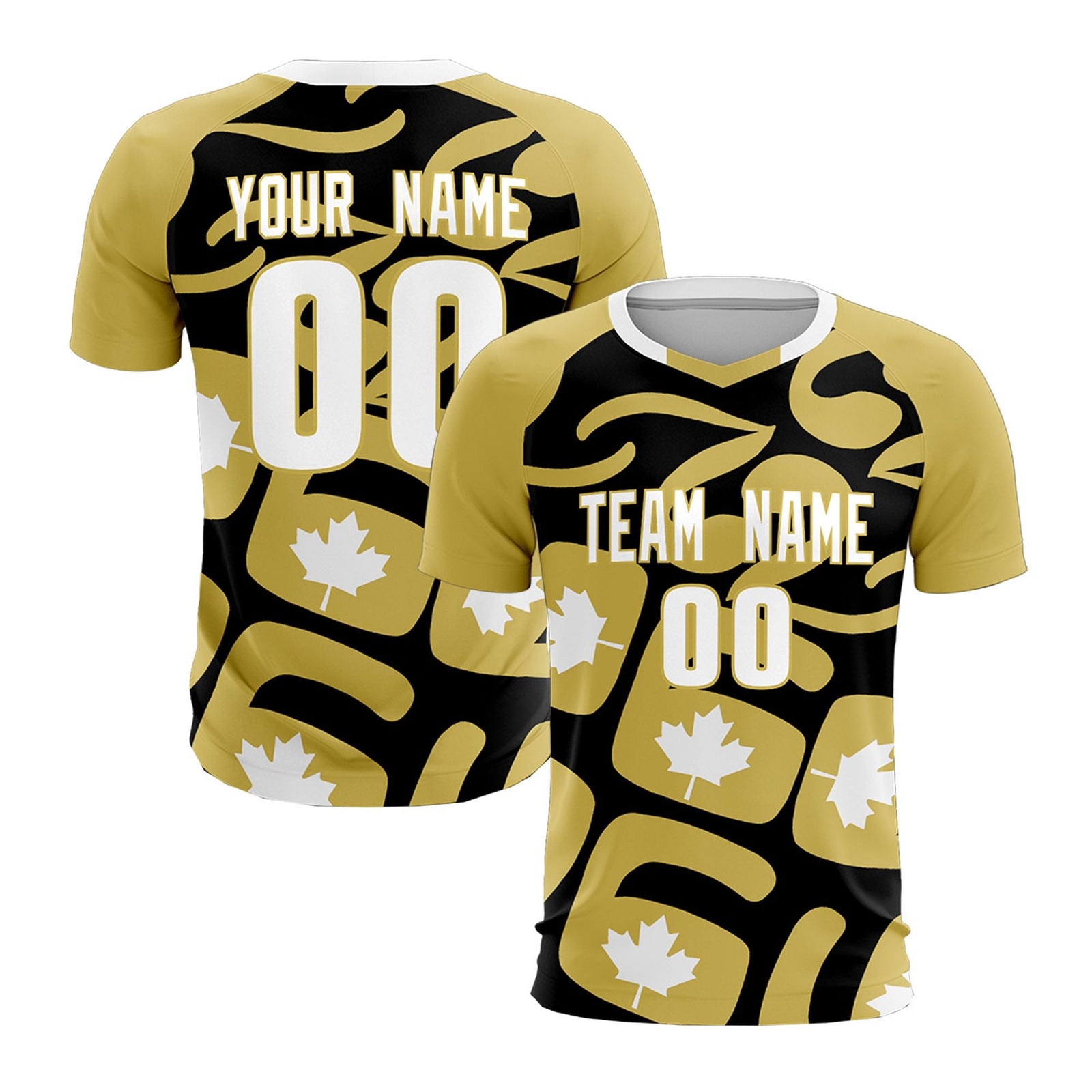 Custom Old Gold Black Canada Maple Leaves World Cup Inspired Drapable Graffiti Pattern Soccer Sets Jersey