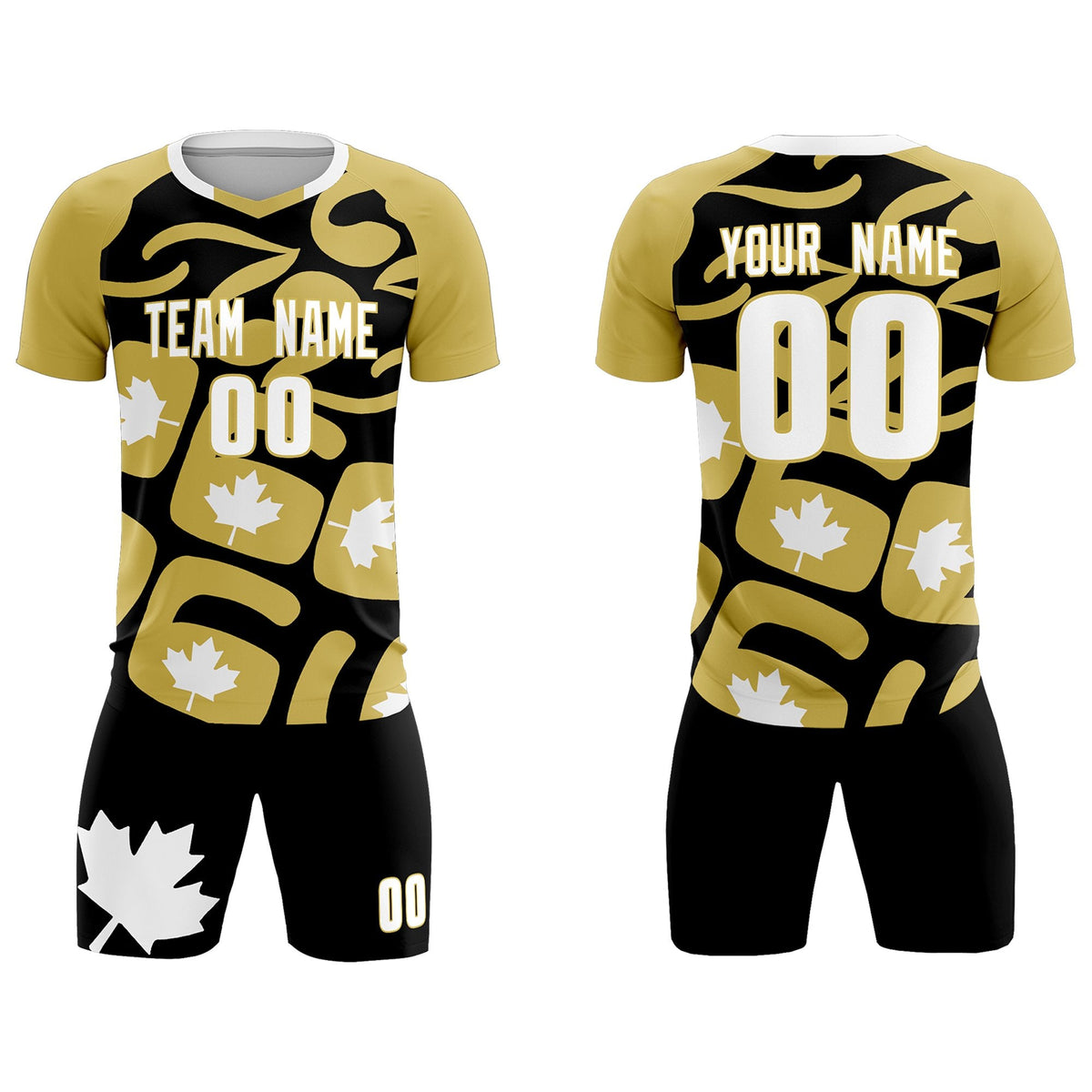 Custom Old Gold Black Canada Maple Leaves World Cup Inspired Drapable Graffiti Pattern Soccer Sets Jersey