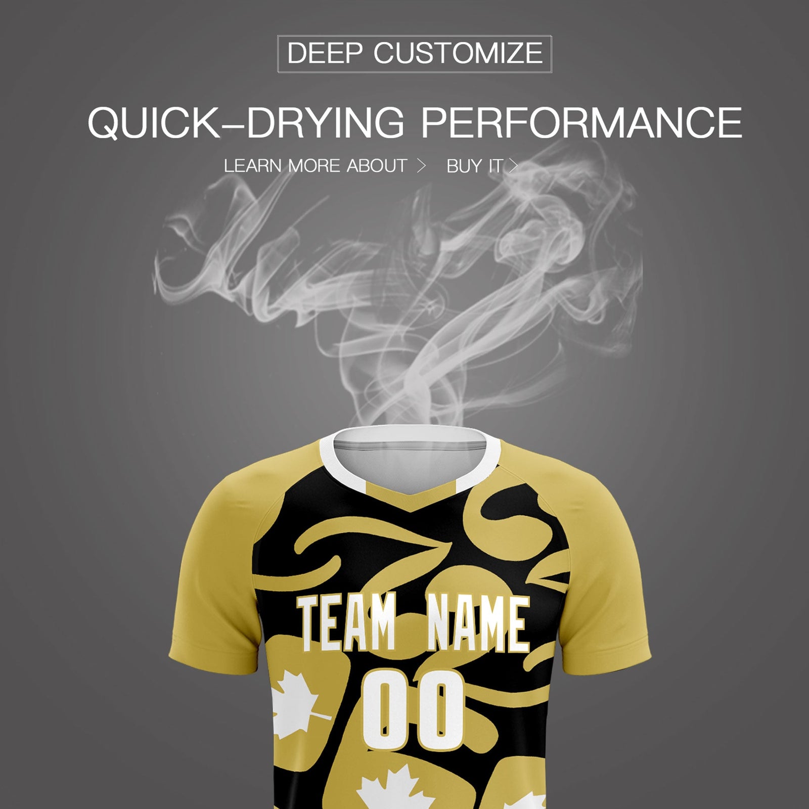 Custom Old Gold Black Canada Maple Leaves World Cup Inspired Drapable Graffiti Pattern Soccer Sets Jersey