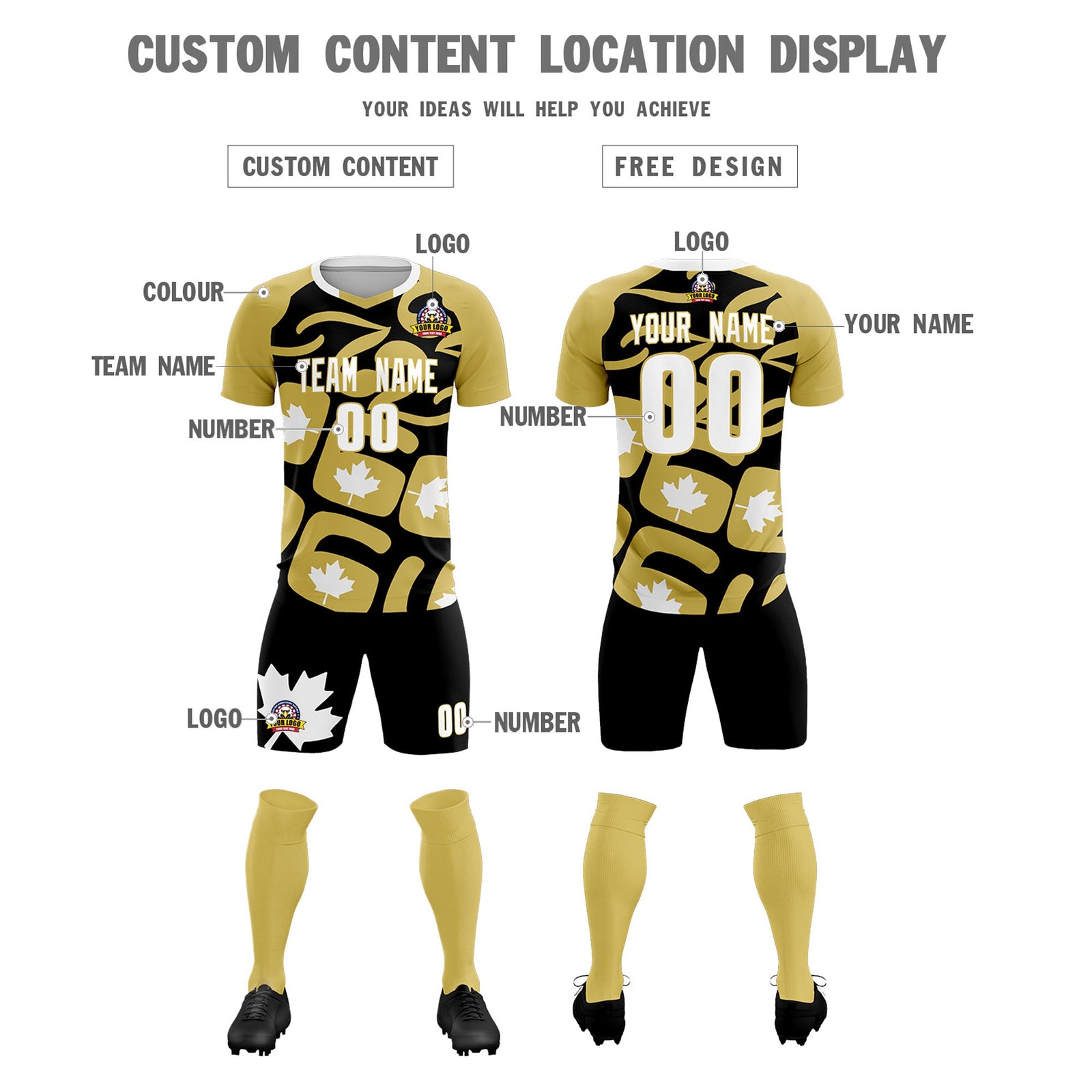 Custom Old Gold Black Canada Maple Leaves World Cup Inspired Drapable Graffiti Pattern Soccer Sets Jersey