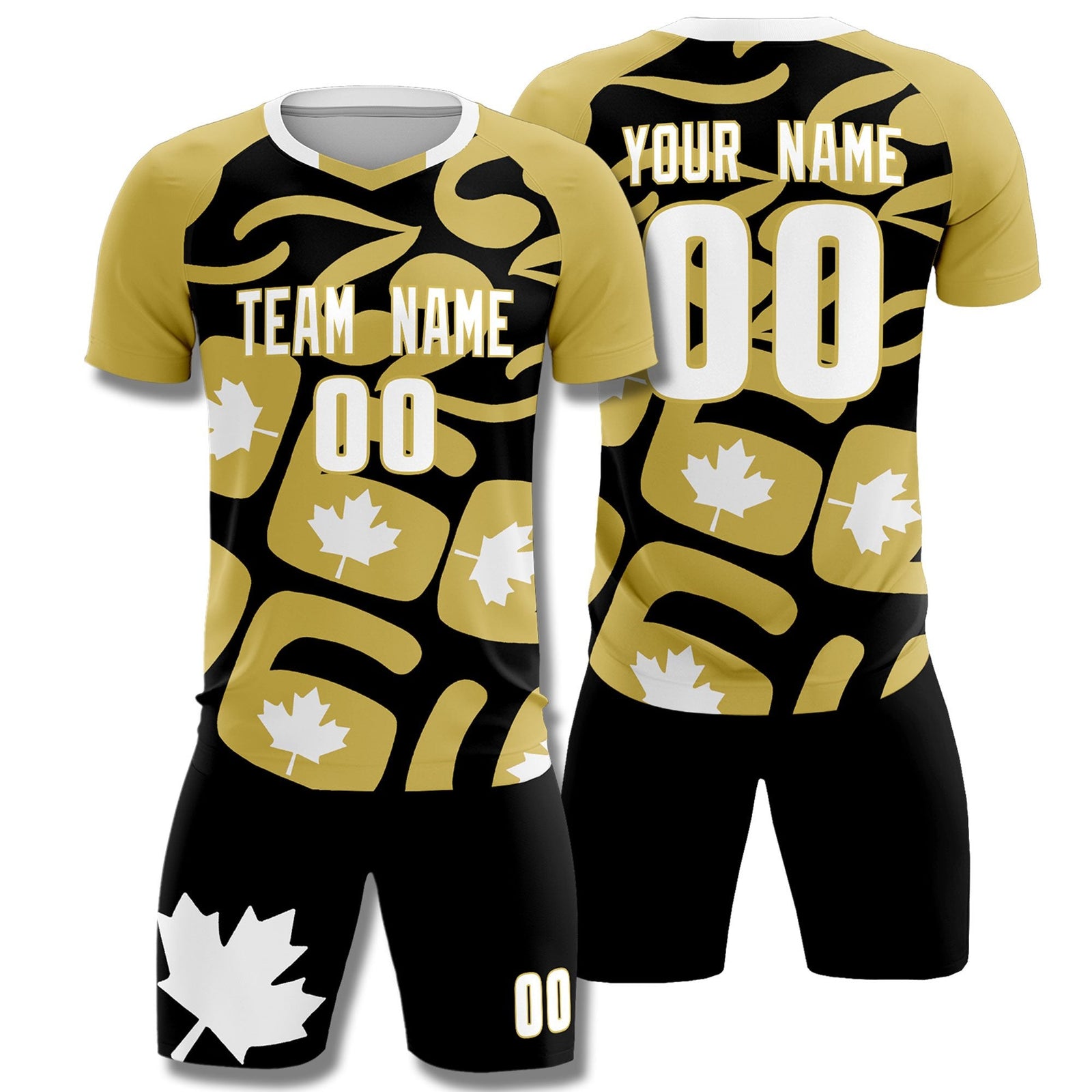 Custom Old Gold Black Canada Maple Leaves World Cup Inspired Drapable Graffiti Pattern Soccer Sets Jersey