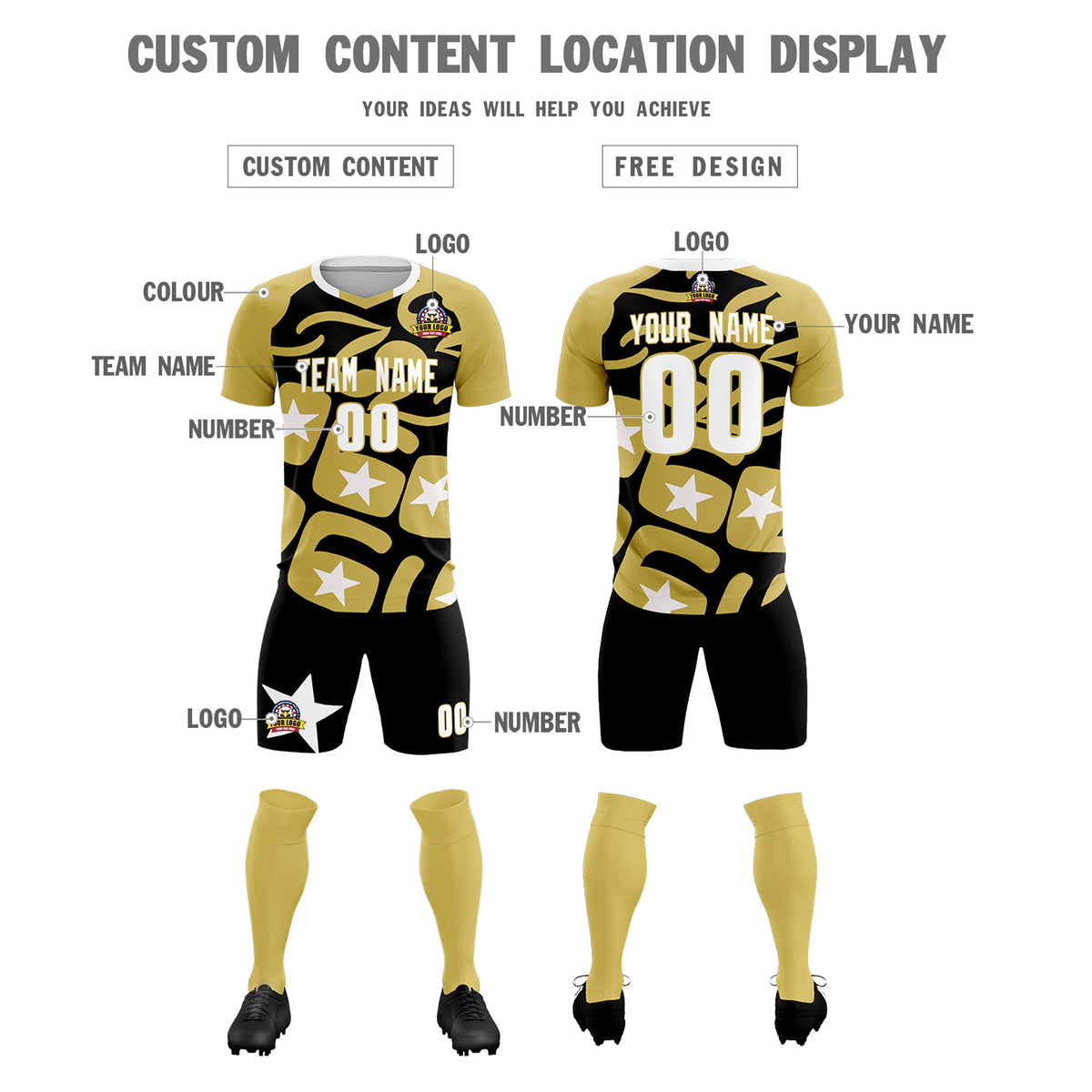 Custom Old Gold Black America Star World Cup Inspired Breathable Graffiti Pattern Soccer Sets Jersey