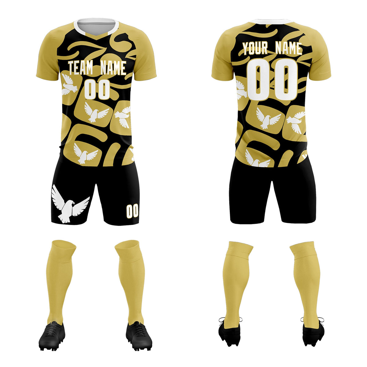 Custom Old Gold Black Mexico Eagle World Cup Inspired Quick-Drying Graffiti Pattern Soccer Sets Jersey