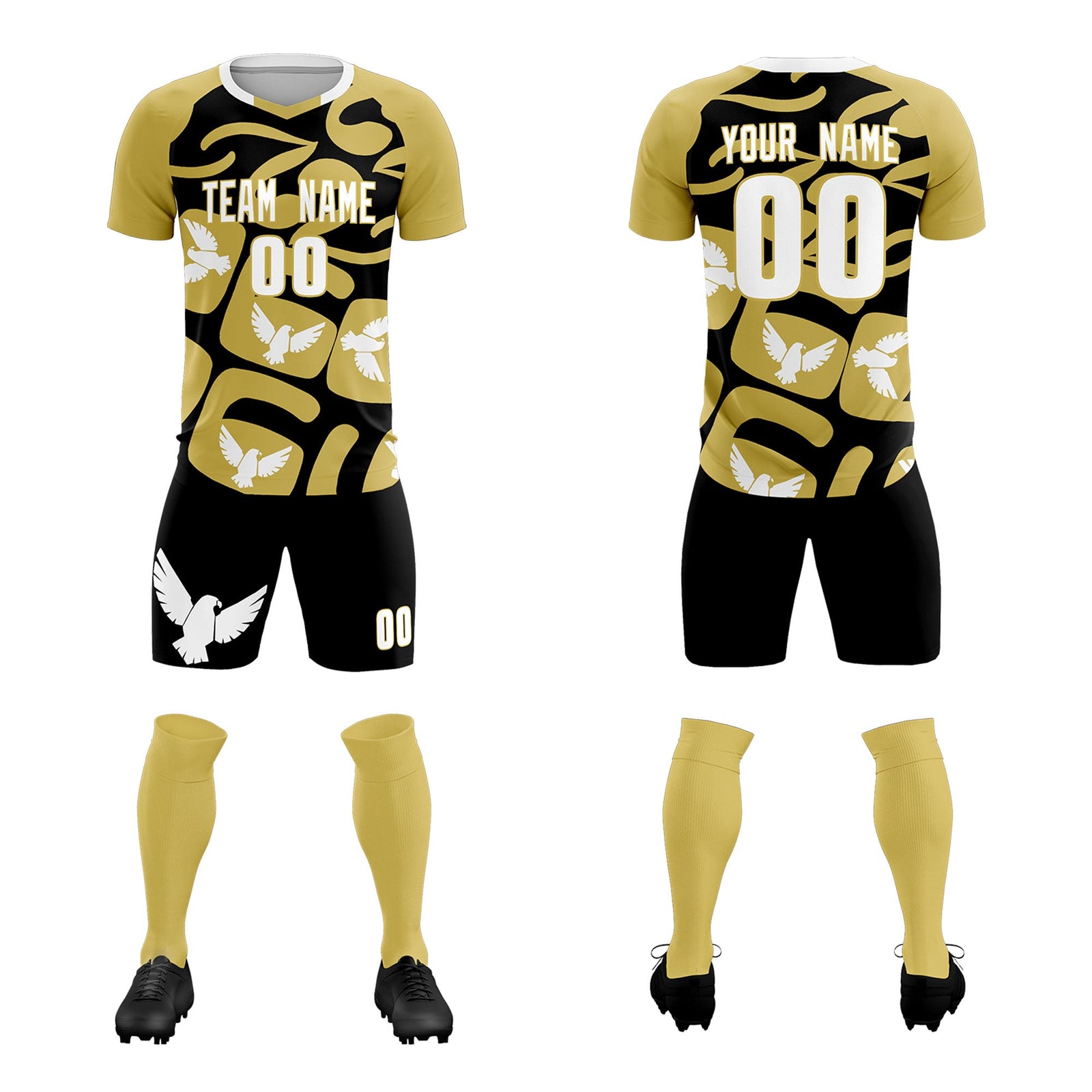 Custom Old Gold Black Mexico Eagle World Cup Inspired Quick-Drying Graffiti Pattern Soccer Sets Jersey