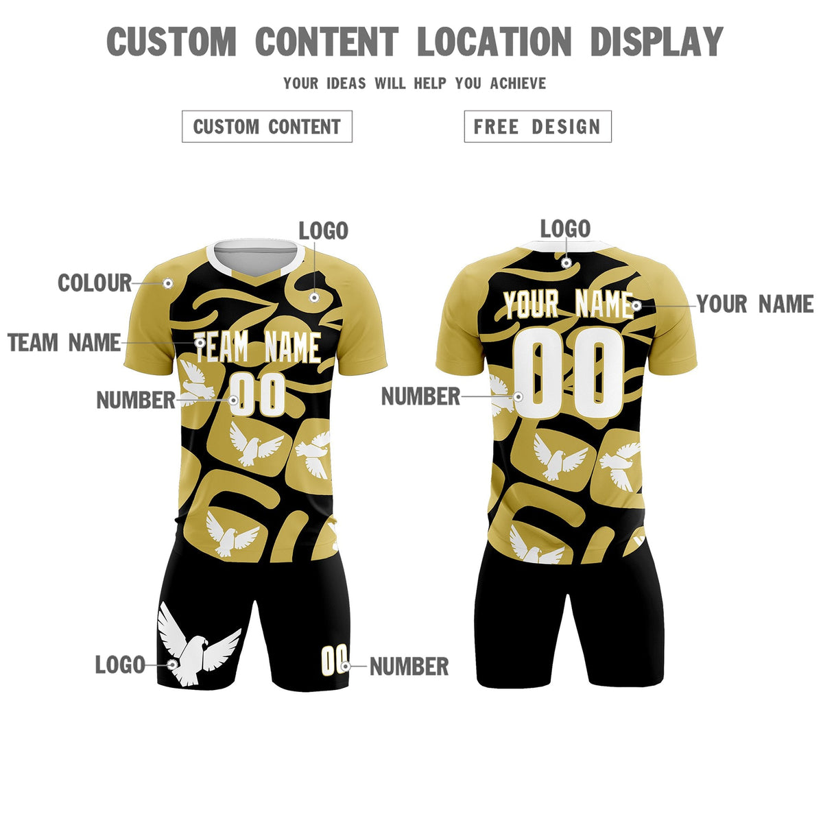 Custom Old Gold Black Mexico Eagle World Cup Inspired Quick-Drying Graffiti Pattern Soccer Sets Jersey