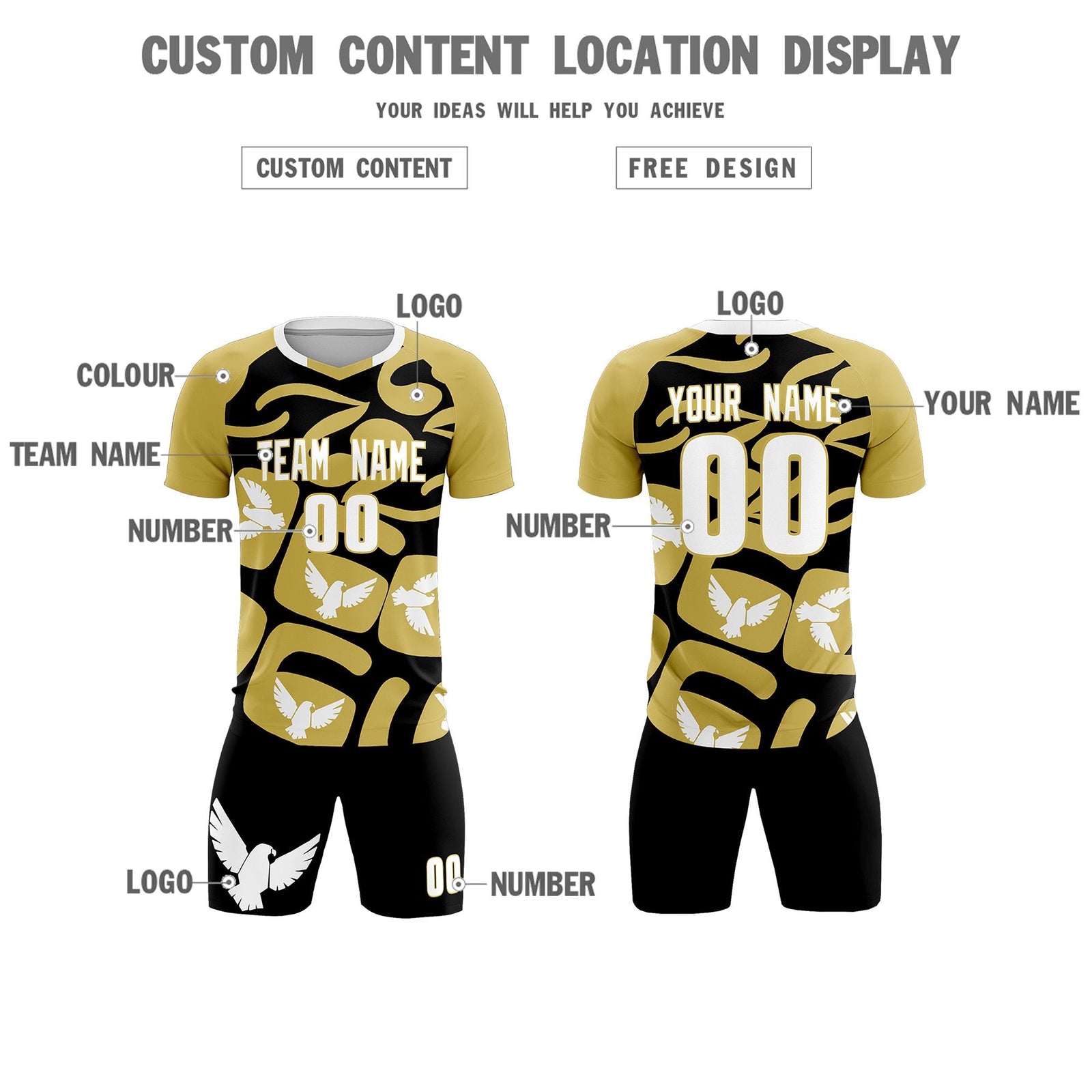 Custom Old Gold Black Mexico Eagle World Cup Inspired Quick-Drying Graffiti Pattern Soccer Sets Jersey