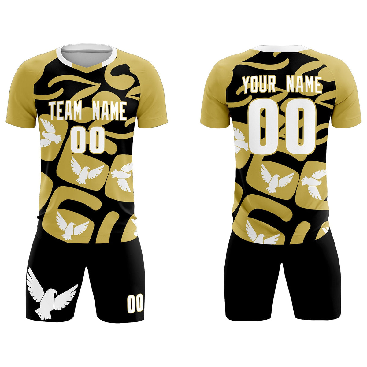 Custom Old Gold Black Mexico Eagle World Cup Inspired Quick-Drying Graffiti Pattern Soccer Sets Jersey