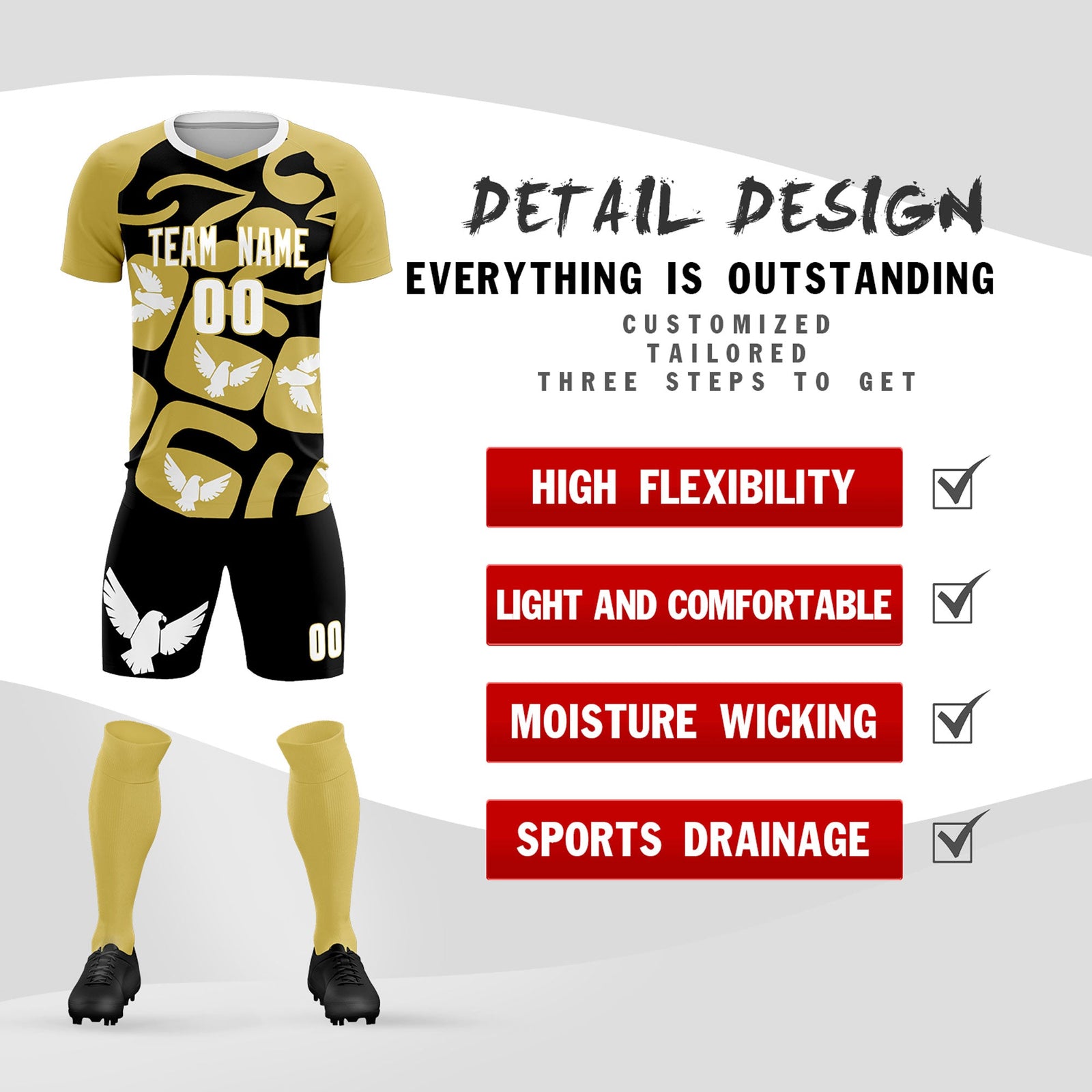 Custom Old Gold Black Mexico Eagle World Cup Inspired Quick-Drying Graffiti Pattern Soccer Sets Jersey