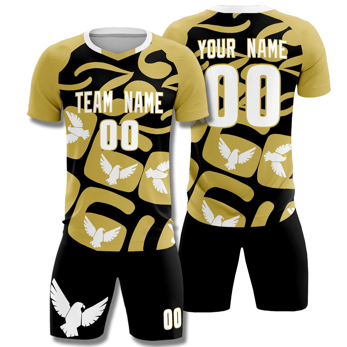 Custom Old Gold Black Mexico Eagle World Cup Inspired Quick-Drying Graffiti Pattern Soccer Sets Jersey