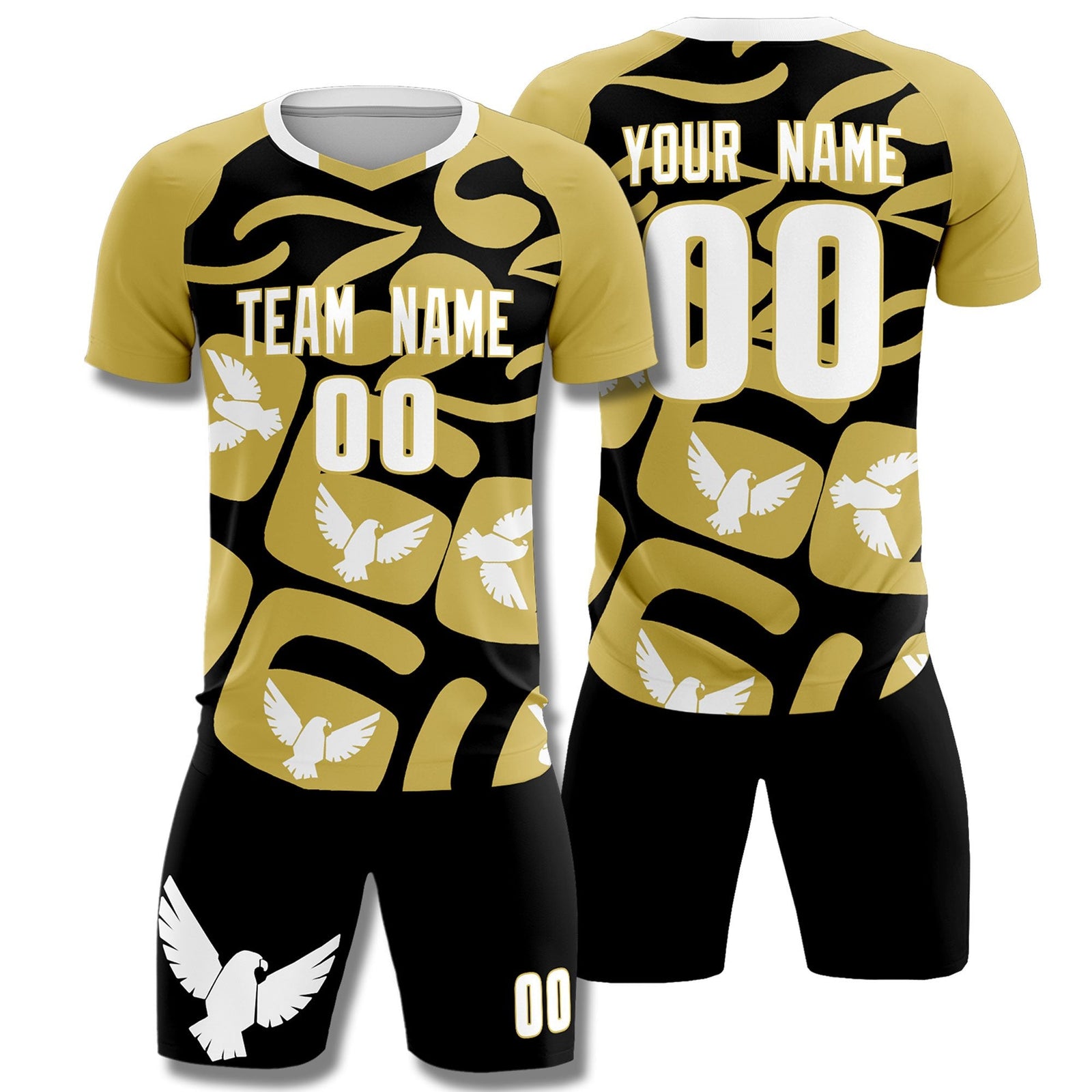 Custom Old Gold Black Mexico Eagle World Cup Inspired Quick-Drying Graffiti Pattern Soccer Sets Jersey