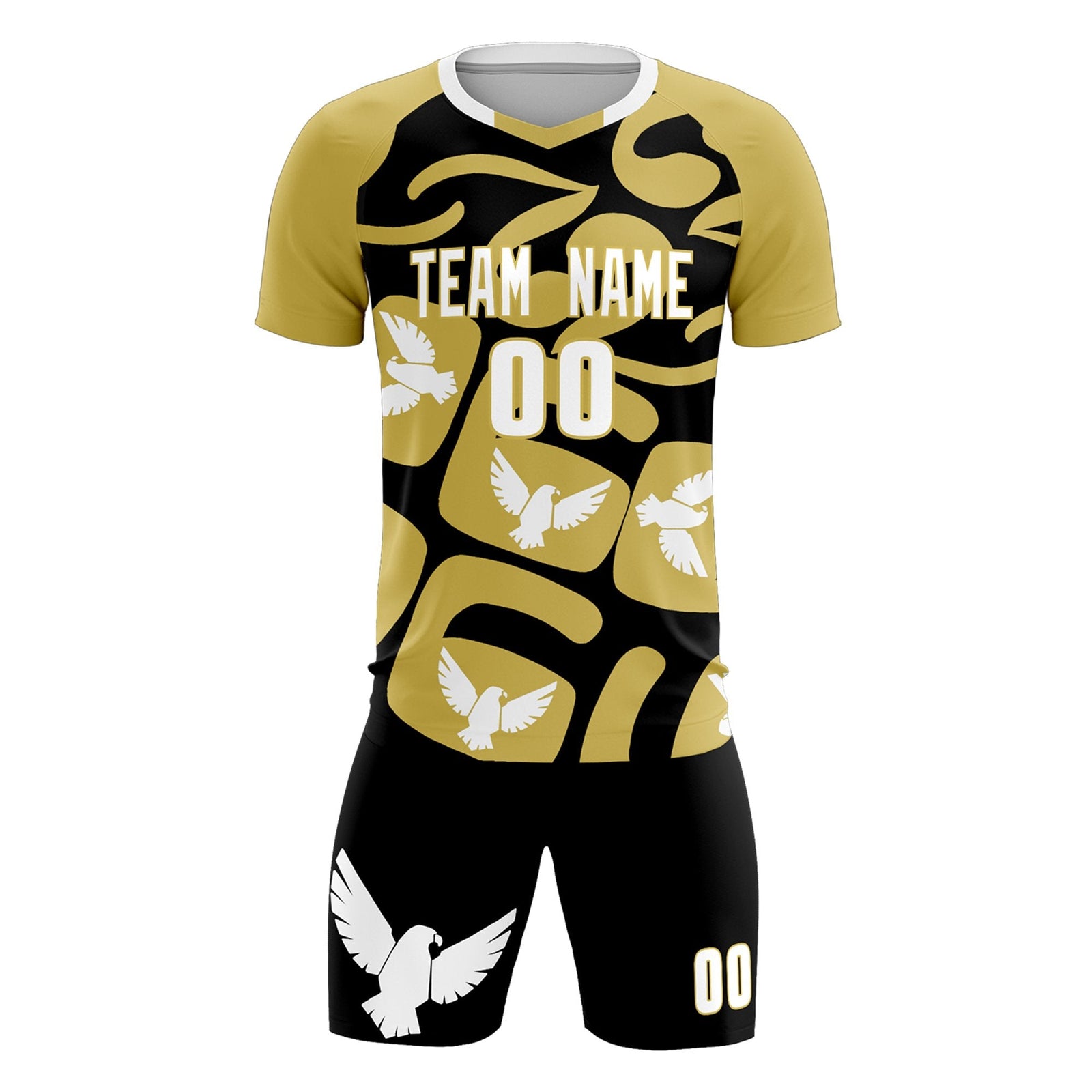 Custom Old Gold Black Mexico Eagle World Cup Inspired Quick-Drying Graffiti Pattern Soccer Sets Jersey