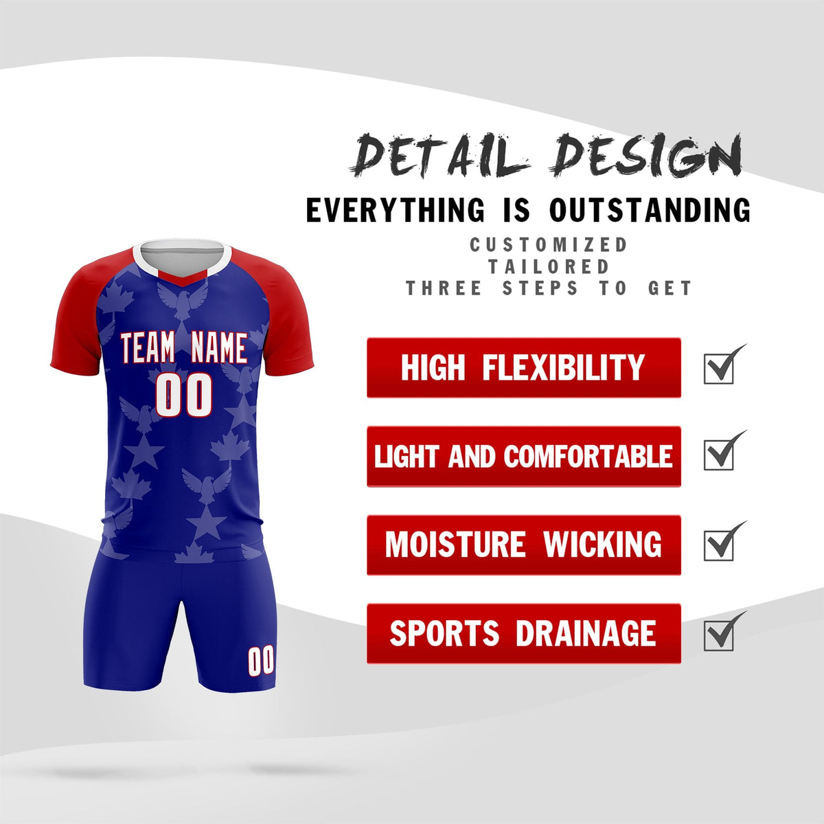 Custom Red Royal World Cup Inspired Wrinkle-Resistant Training Uniform Raglan Sleeve Soccer Sets Jersey