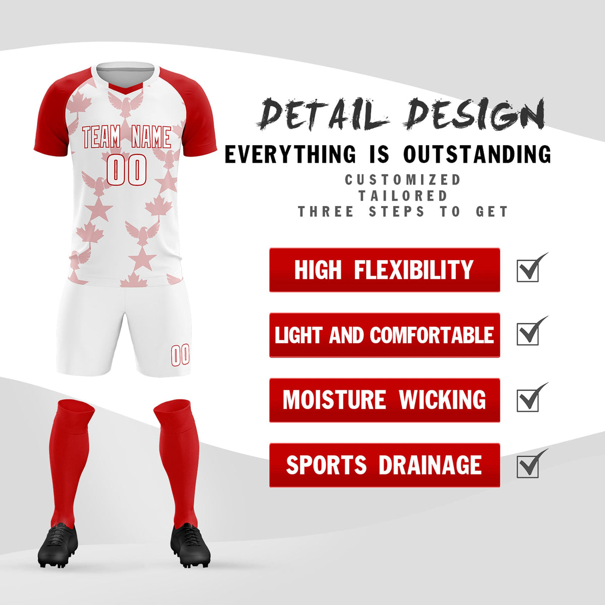 Custom Red White World Cup Inspired Breathable&amp;Quick-Drying Training Uniform Raglan Sleeve Soccer Sets Jersey