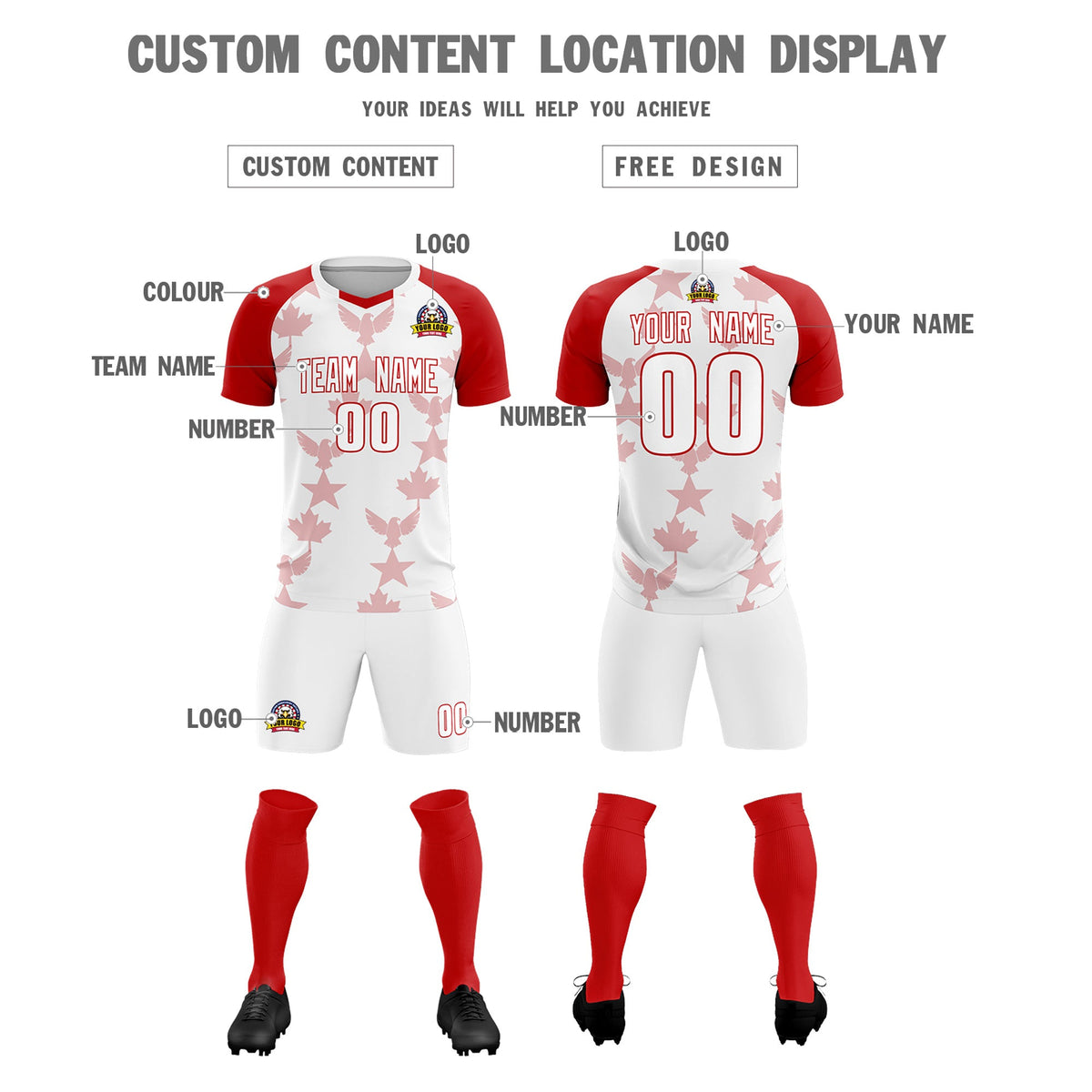Custom Red White World Cup Inspired Breathable&amp;Quick-Drying Training Uniform Raglan Sleeve Soccer Sets Jersey