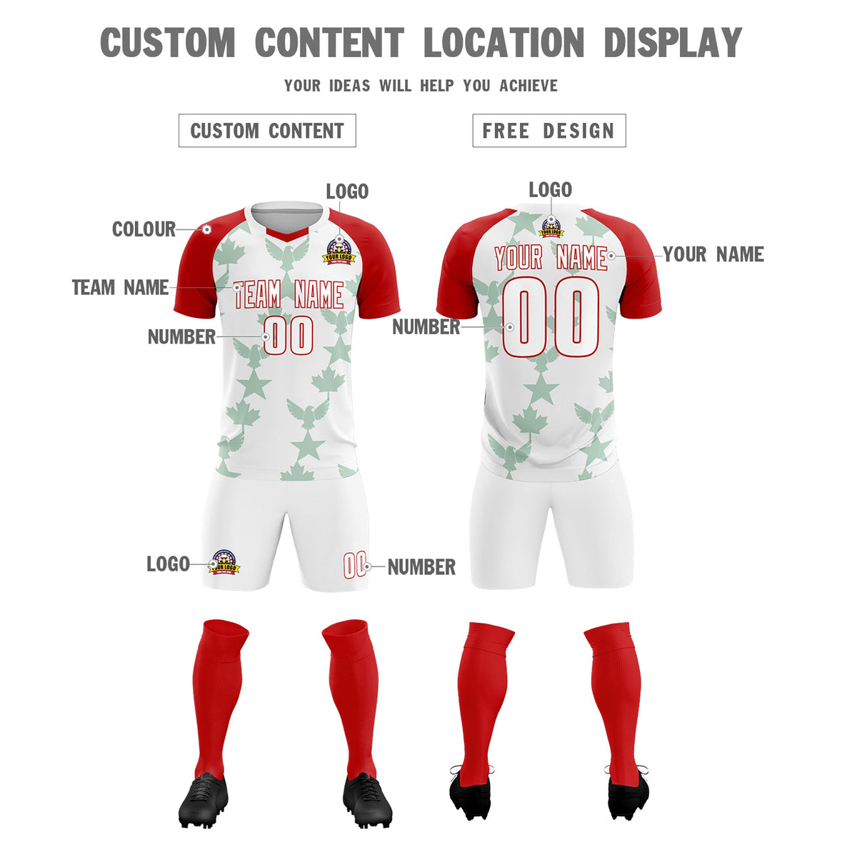 Custom Red White World Cup Inspired Lightweight&amp;Drapable Training Uniform Raglan Sleeve Soccer Sets Jersey