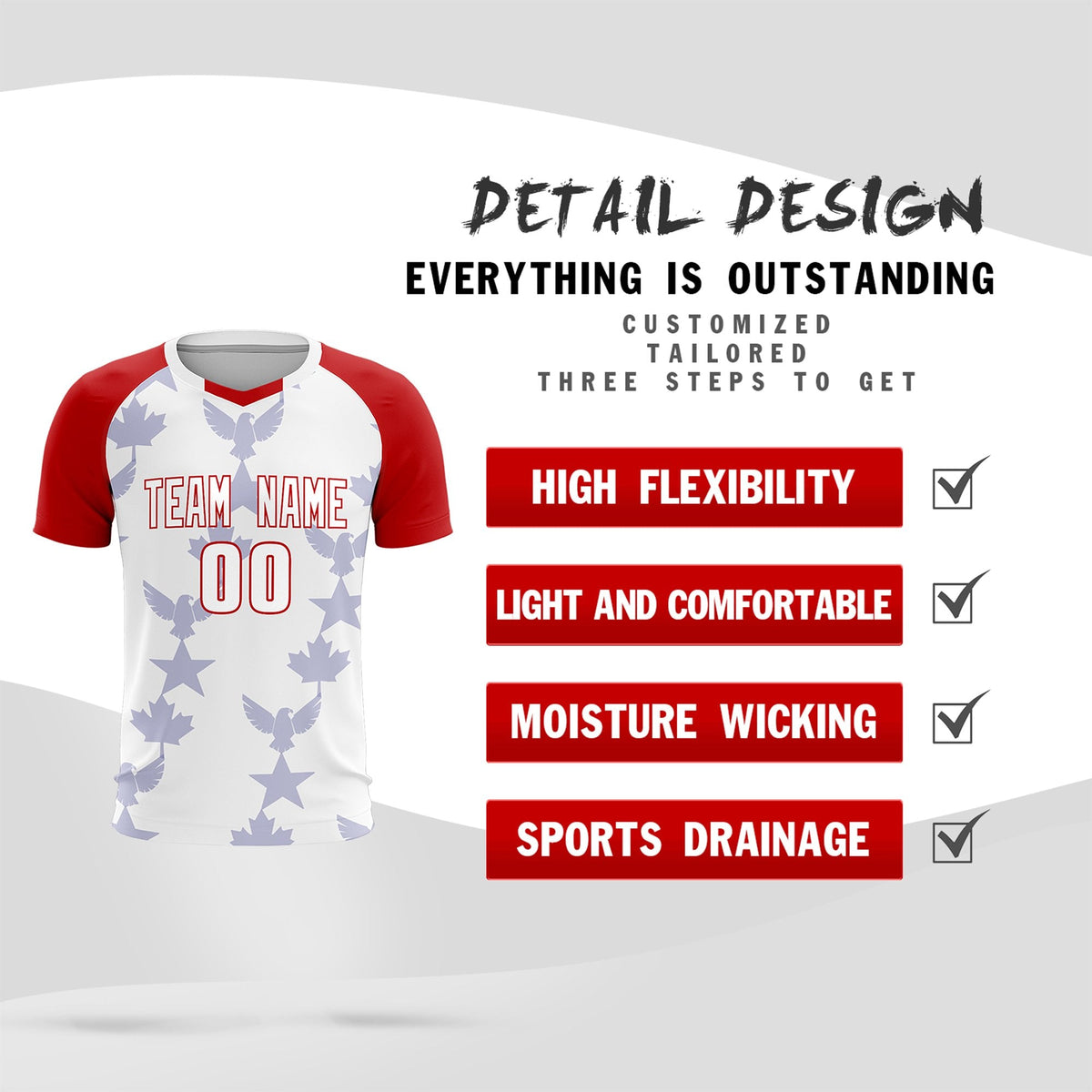 Custom Red White World Cup Inspired Wrinkle-Resistant Training Uniform Raglan Sleeve Soccer Sets Jersey