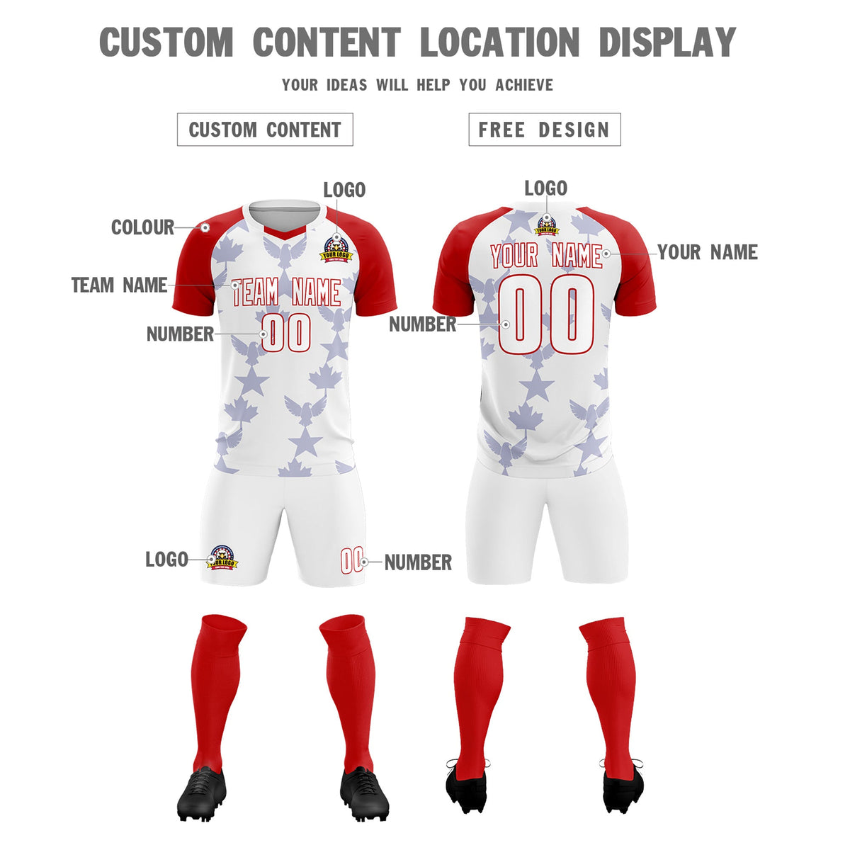 Custom Red White World Cup Inspired Wrinkle-Resistant Training Uniform Raglan Sleeve Soccer Sets Jersey