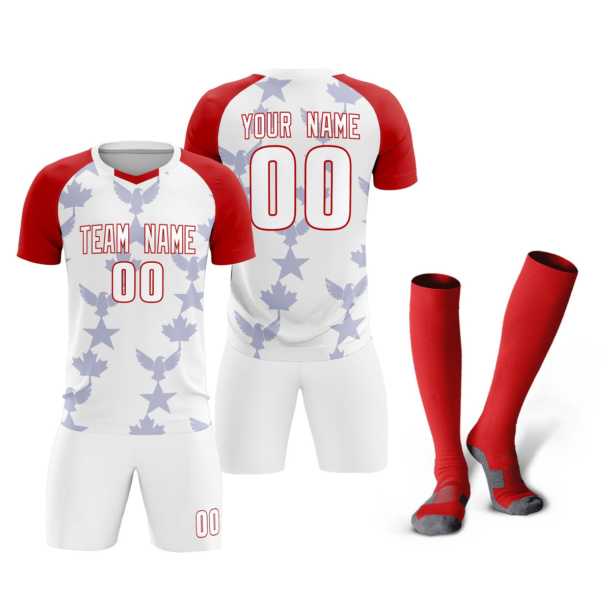 Custom Red White World Cup Inspired Wrinkle-Resistant Training Uniform Raglan Sleeve Soccer Sets Jersey