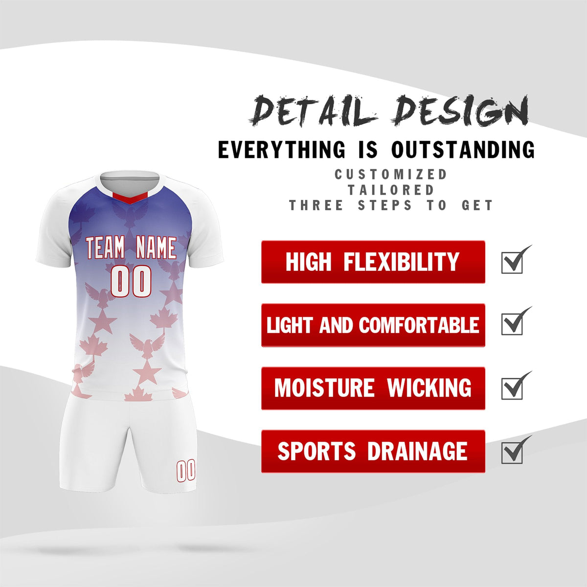 Custom White Royal World Cup Inspired Lightweight&amp;Drapable Training Uniform Gradient Fashion Soccer Sets Jersey