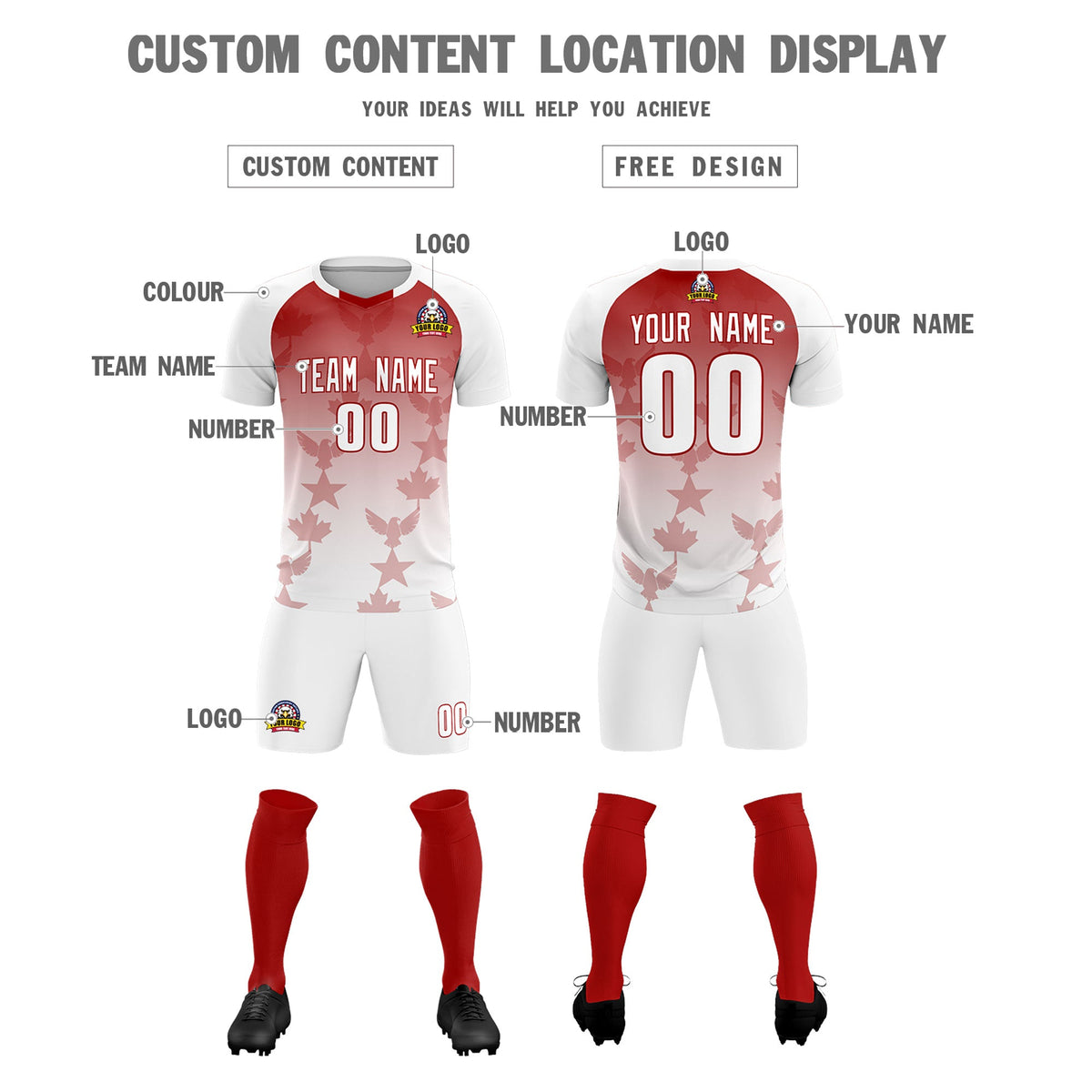 Custom White Red World Cup Inspired Wrinkle-Resistant Training Uniform Gradient Fashion Soccer Sets Jersey