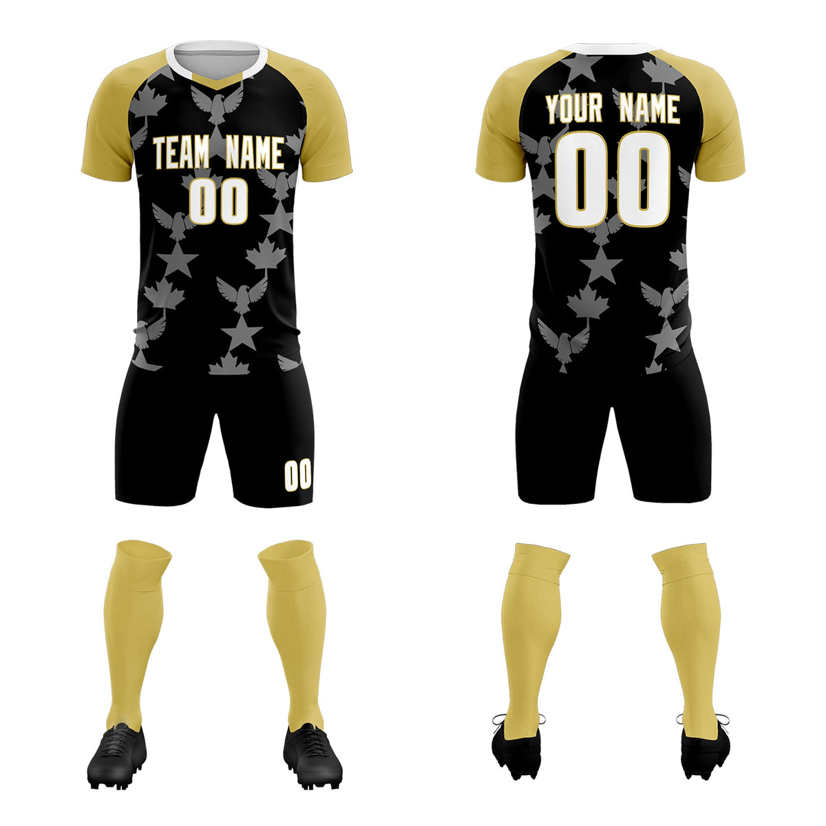 Custom Old Gold Black World Cup Inspired Breathable&amp;Quick-Drying Training Uniform Raglan Sleeve Soccer Sets Jersey