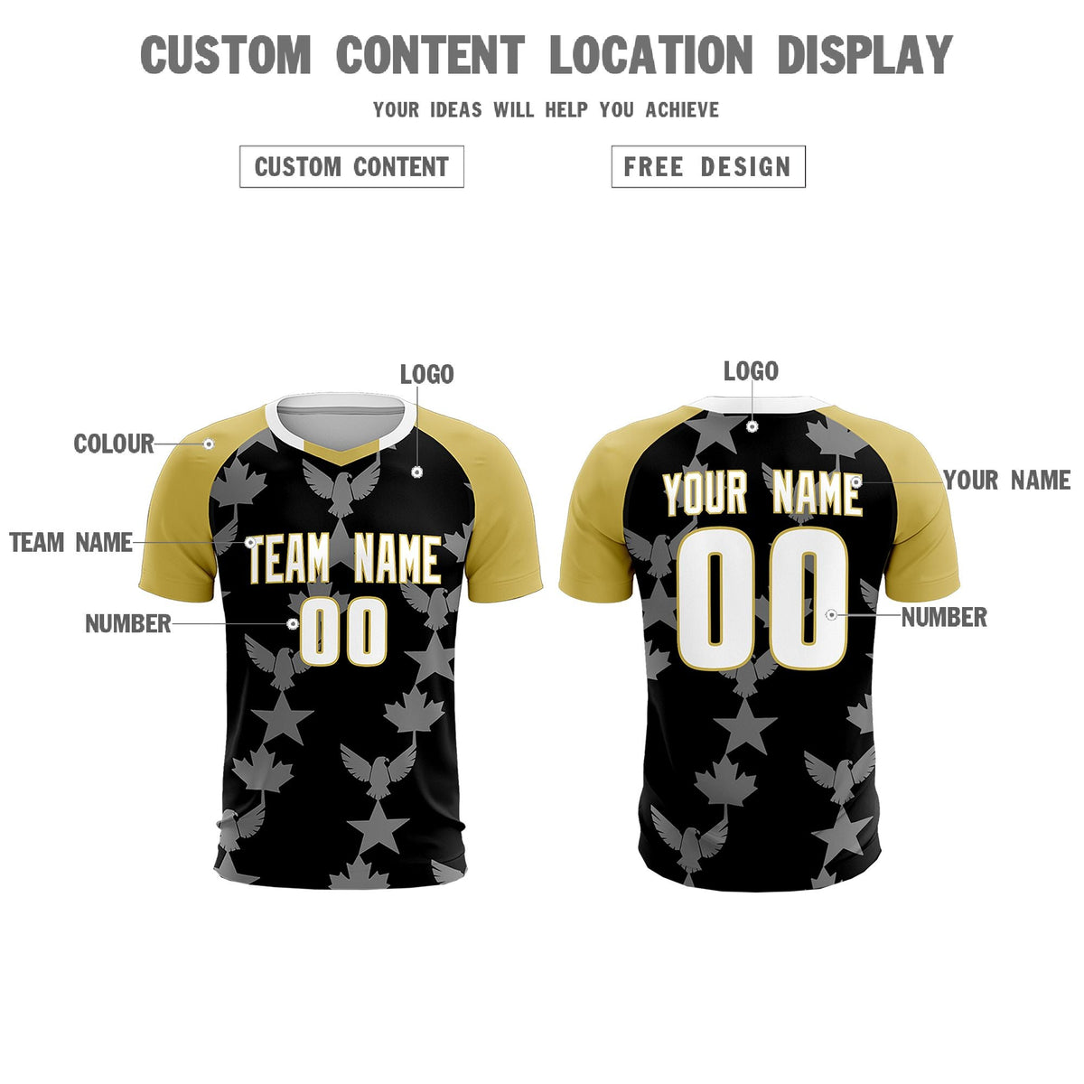 Custom Old Gold Black World Cup Inspired Breathable&amp;Quick-Drying Training Uniform Raglan Sleeve Soccer Sets Jersey