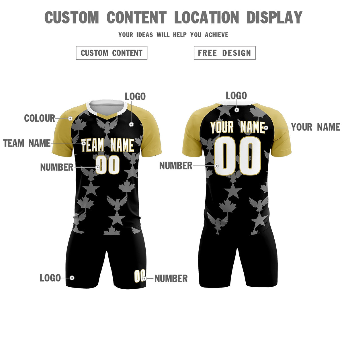 Custom Old Gold Black World Cup Inspired Breathable&amp;Quick-Drying Training Uniform Raglan Sleeve Soccer Sets Jersey