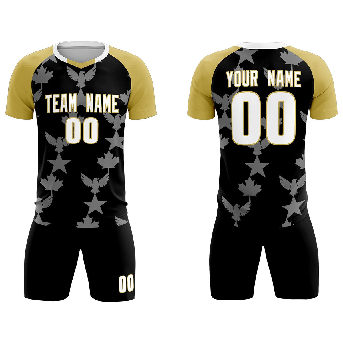Custom Old Gold Black World Cup Inspired Breathable&amp;Quick-Drying Training Uniform Raglan Sleeve Soccer Sets Jersey