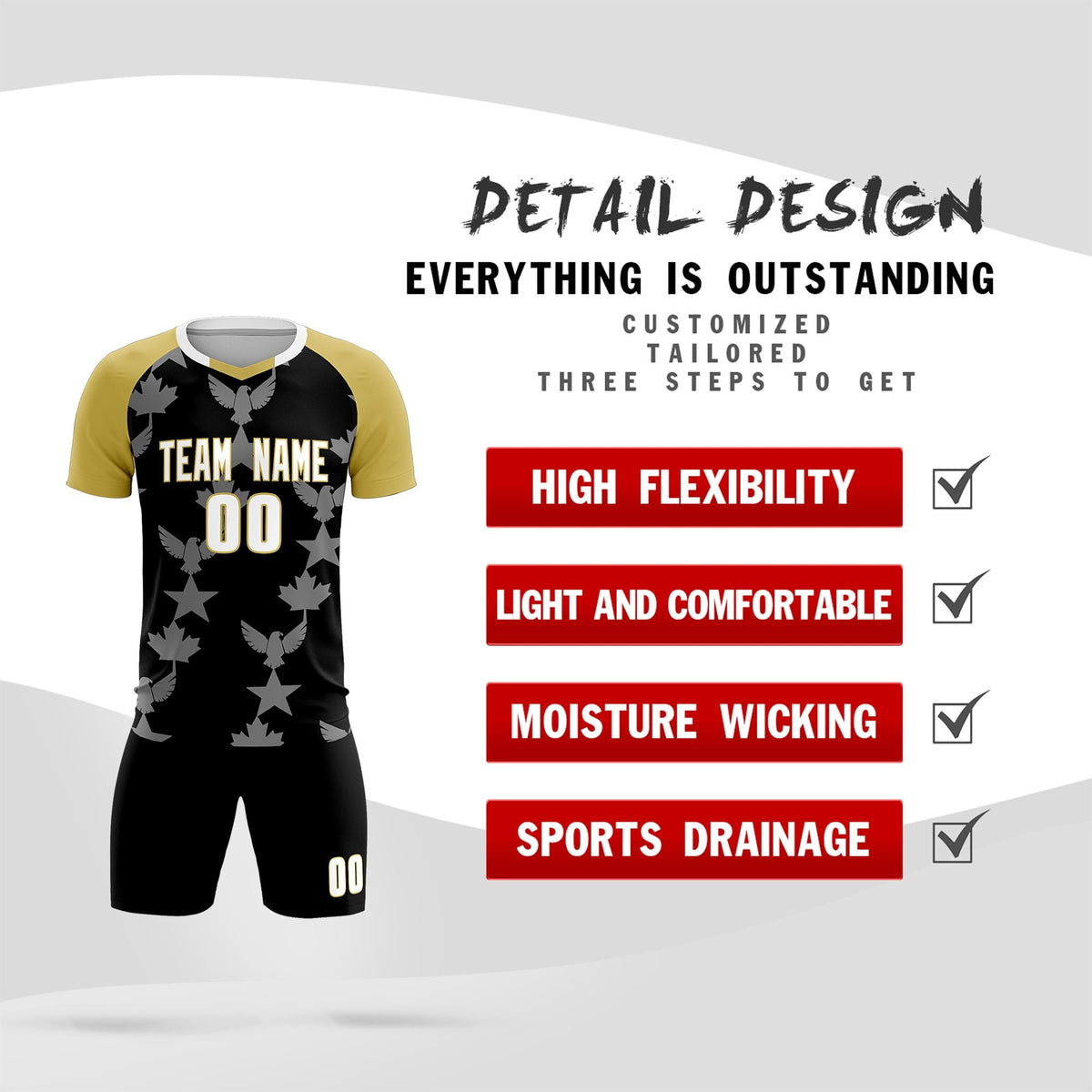 Custom Old Gold Black World Cup Inspired Breathable&amp;Quick-Drying Training Uniform Raglan Sleeve Soccer Sets Jersey