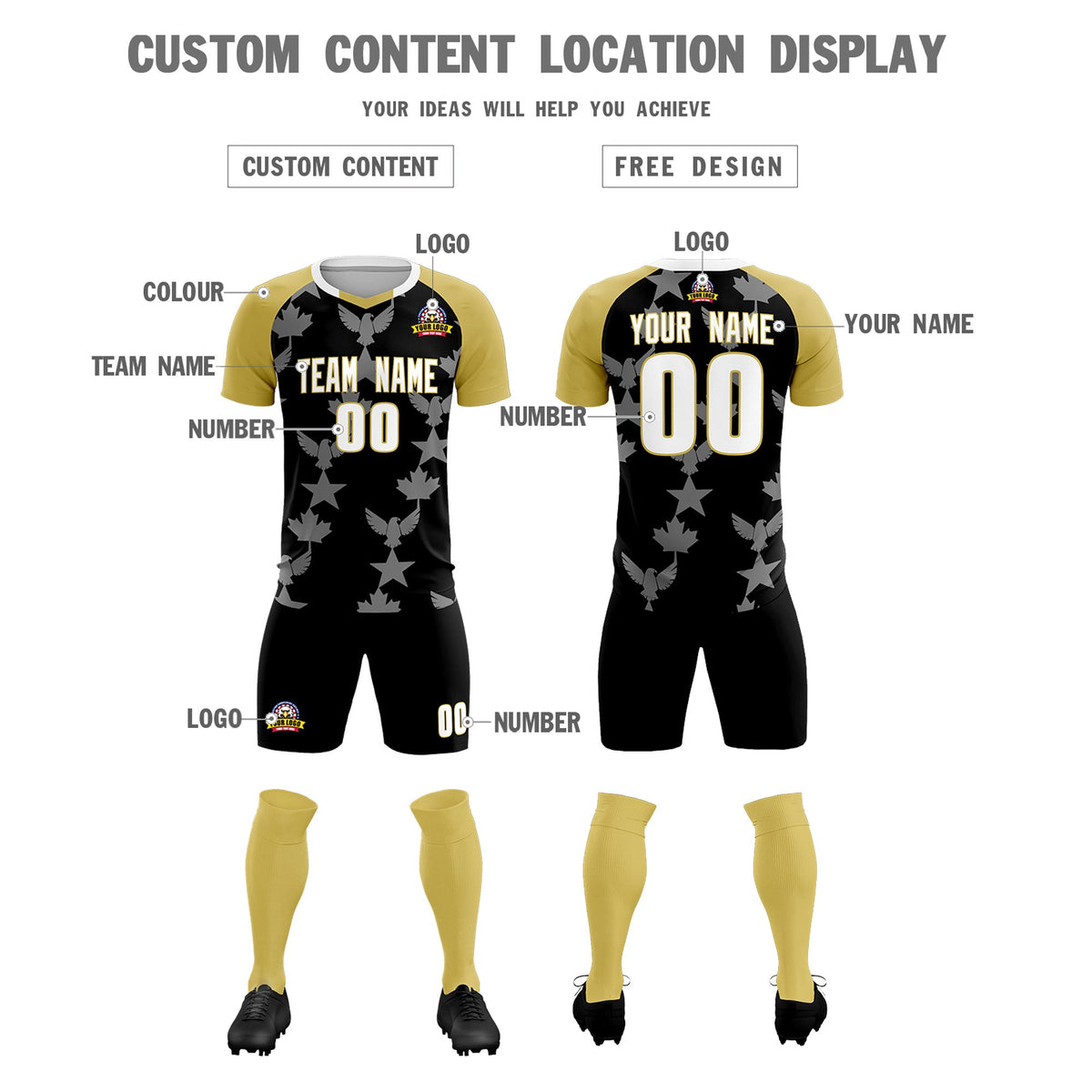 Custom Old Gold Black World Cup Inspired Breathable&amp;Quick-Drying Training Uniform Raglan Sleeve Soccer Sets Jersey