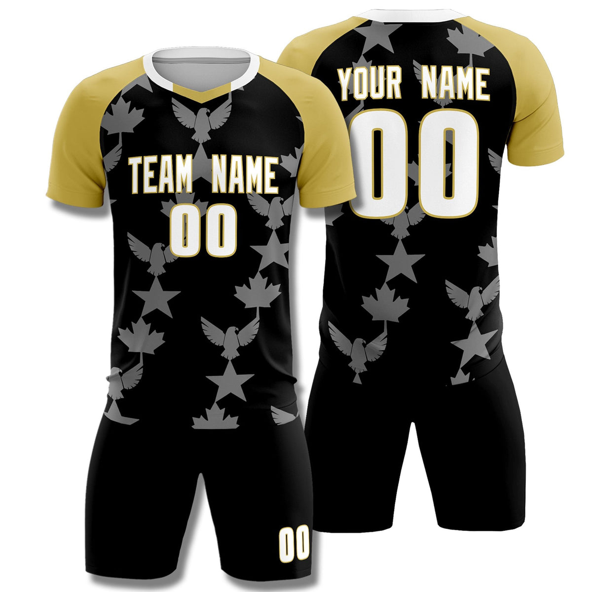 Custom Old Gold Black World Cup Inspired Breathable&amp;Quick-Drying Training Uniform Raglan Sleeve Soccer Sets Jersey
