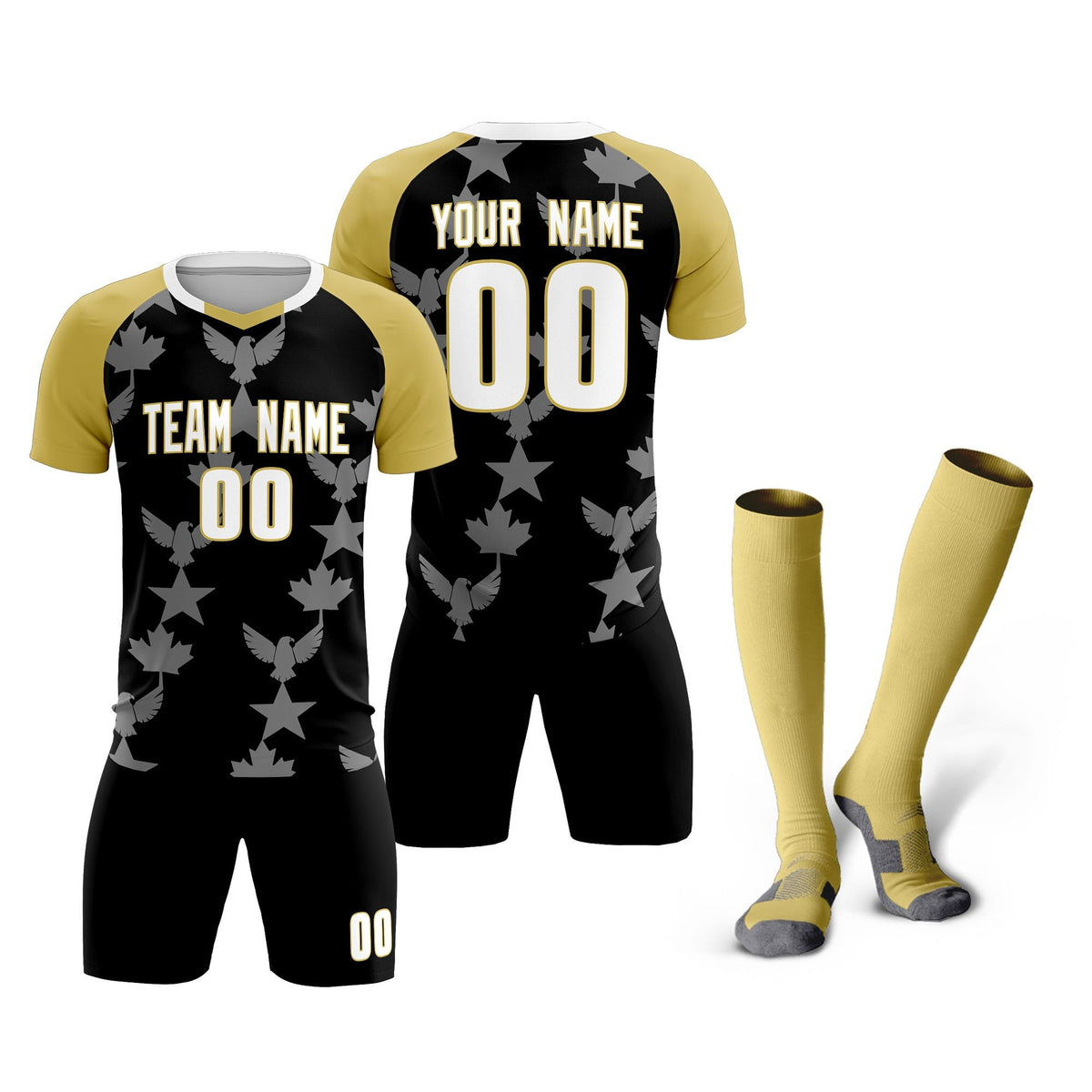 Custom Old Gold Black World Cup Inspired Breathable&amp;Quick-Drying Training Uniform Raglan Sleeve Soccer Sets Jersey