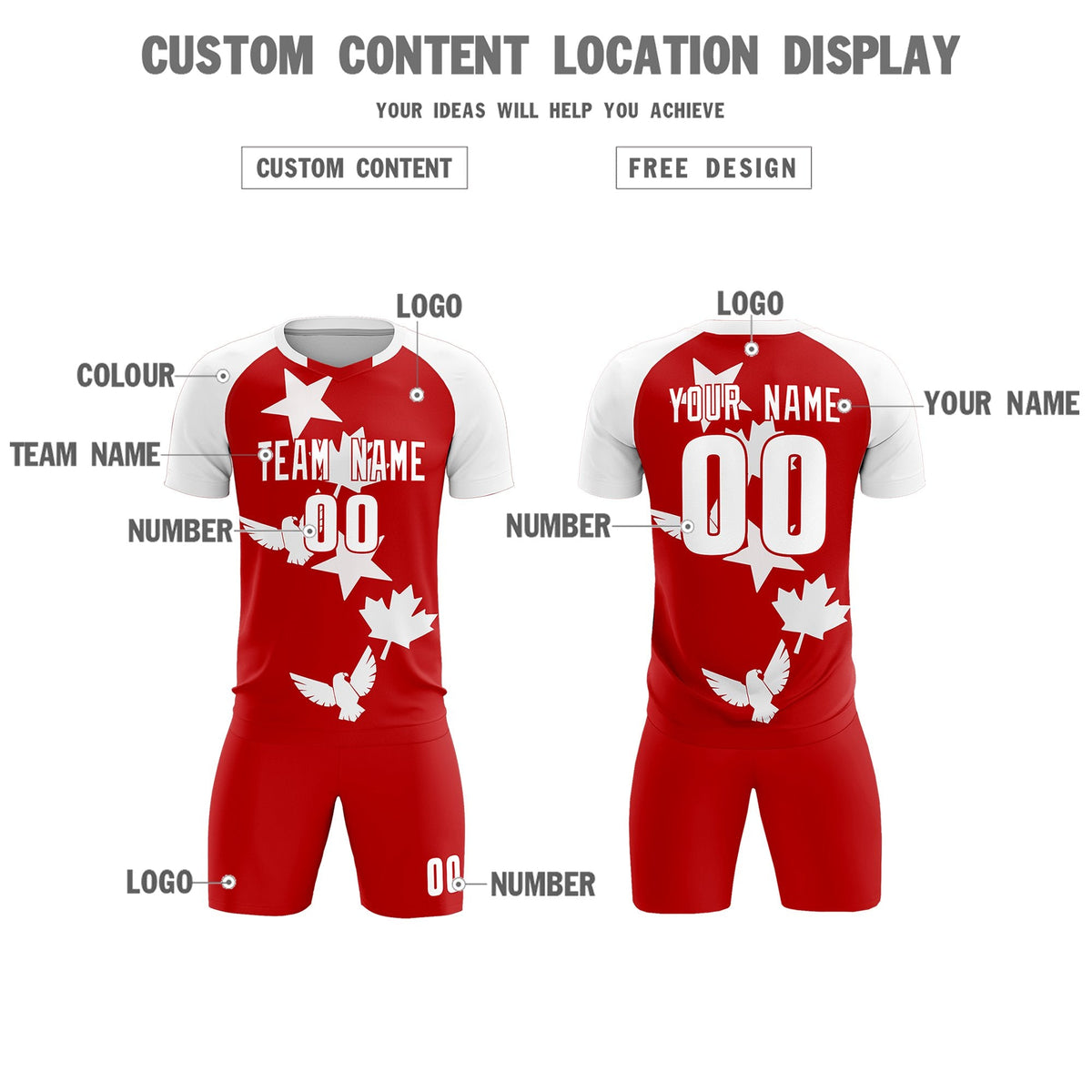 Custom White Red World Cup Inspired Lightweight&amp;Drapable Training Uniform Raglan Sleeve Soccer Sets Jersey
