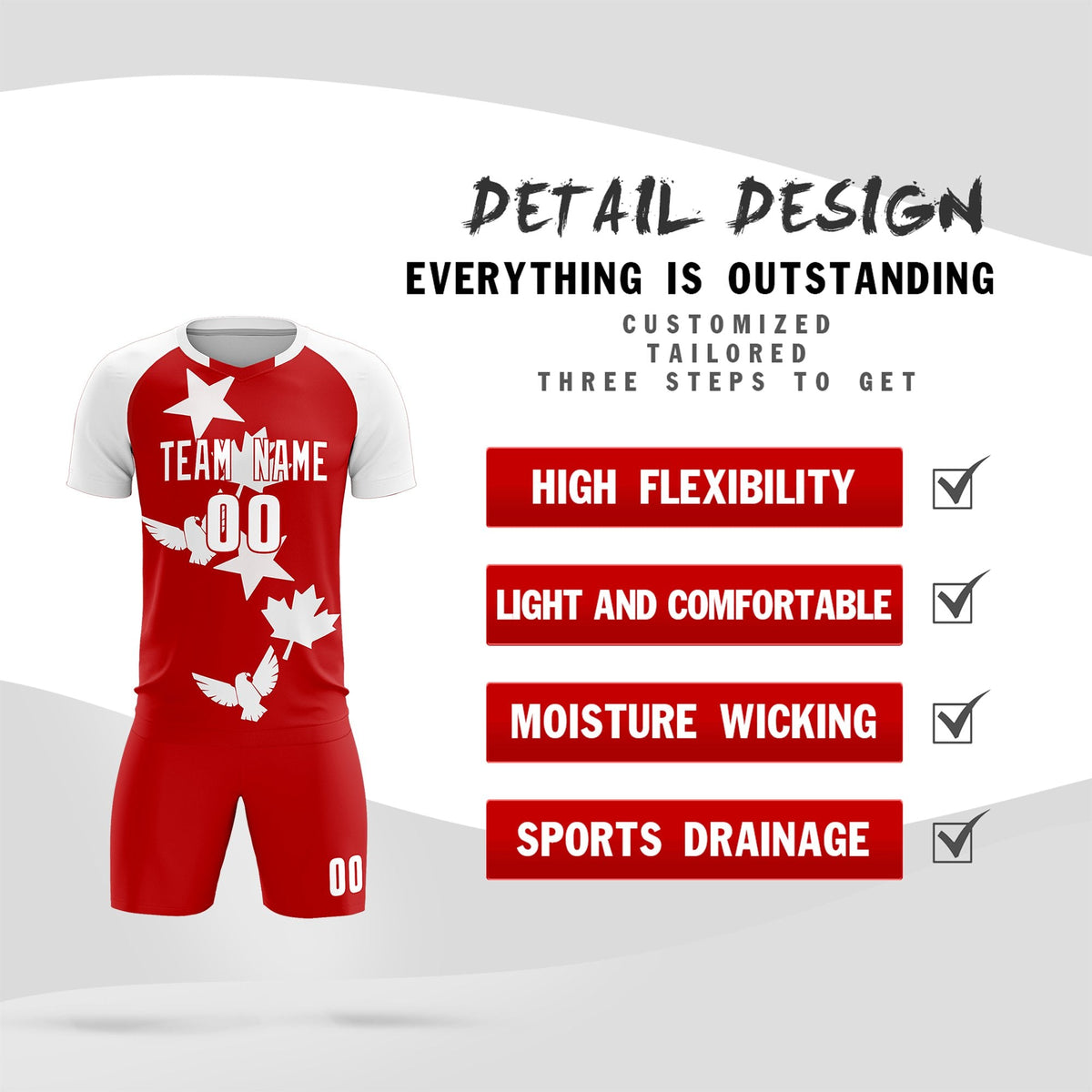 Custom White Red World Cup Inspired Lightweight&amp;Drapable Training Uniform Raglan Sleeve Soccer Sets Jersey