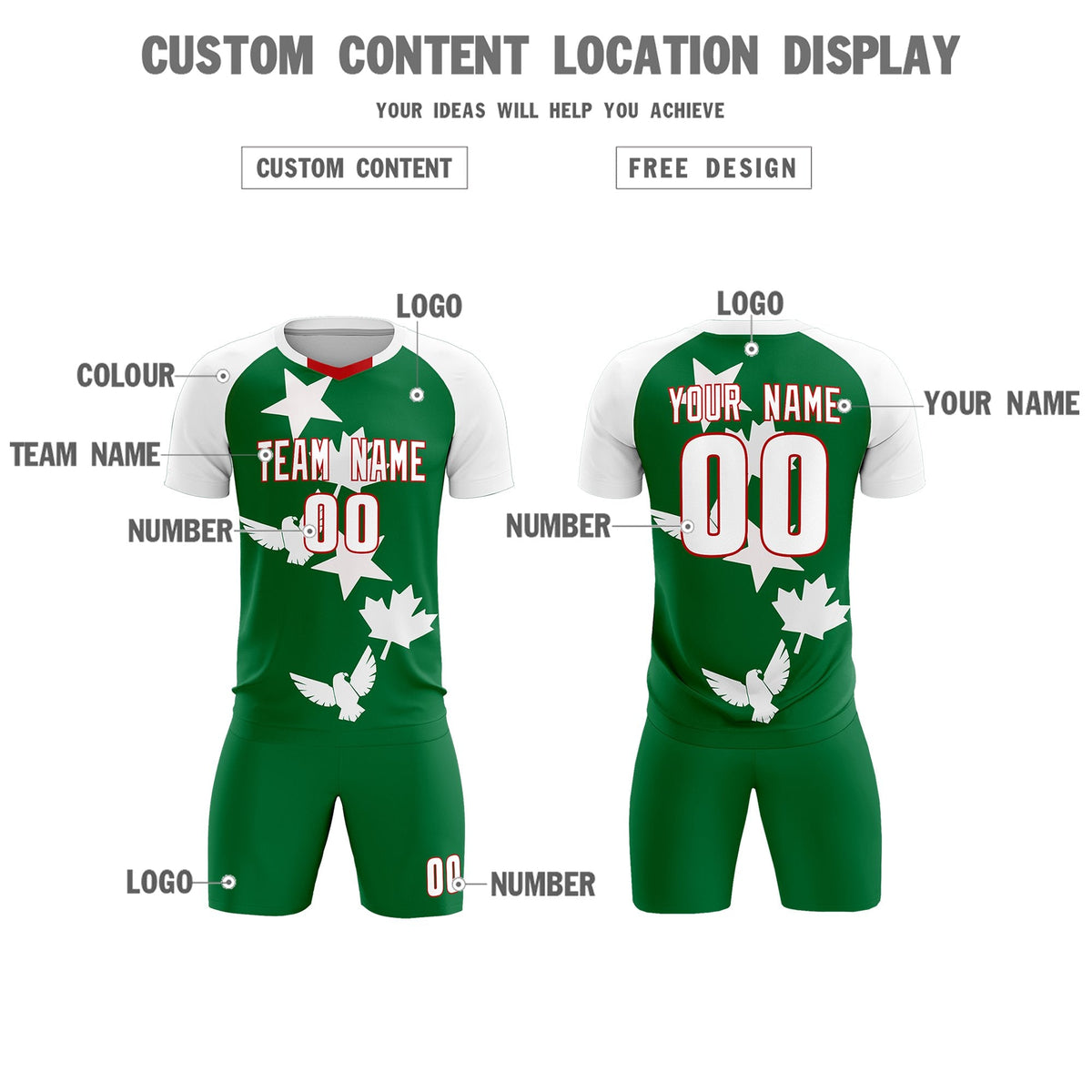 Custom White Kelly Green World Cup Inspired Wrinkle-Resistant Training Uniform Raglan Sleeve Soccer Sets Jersey