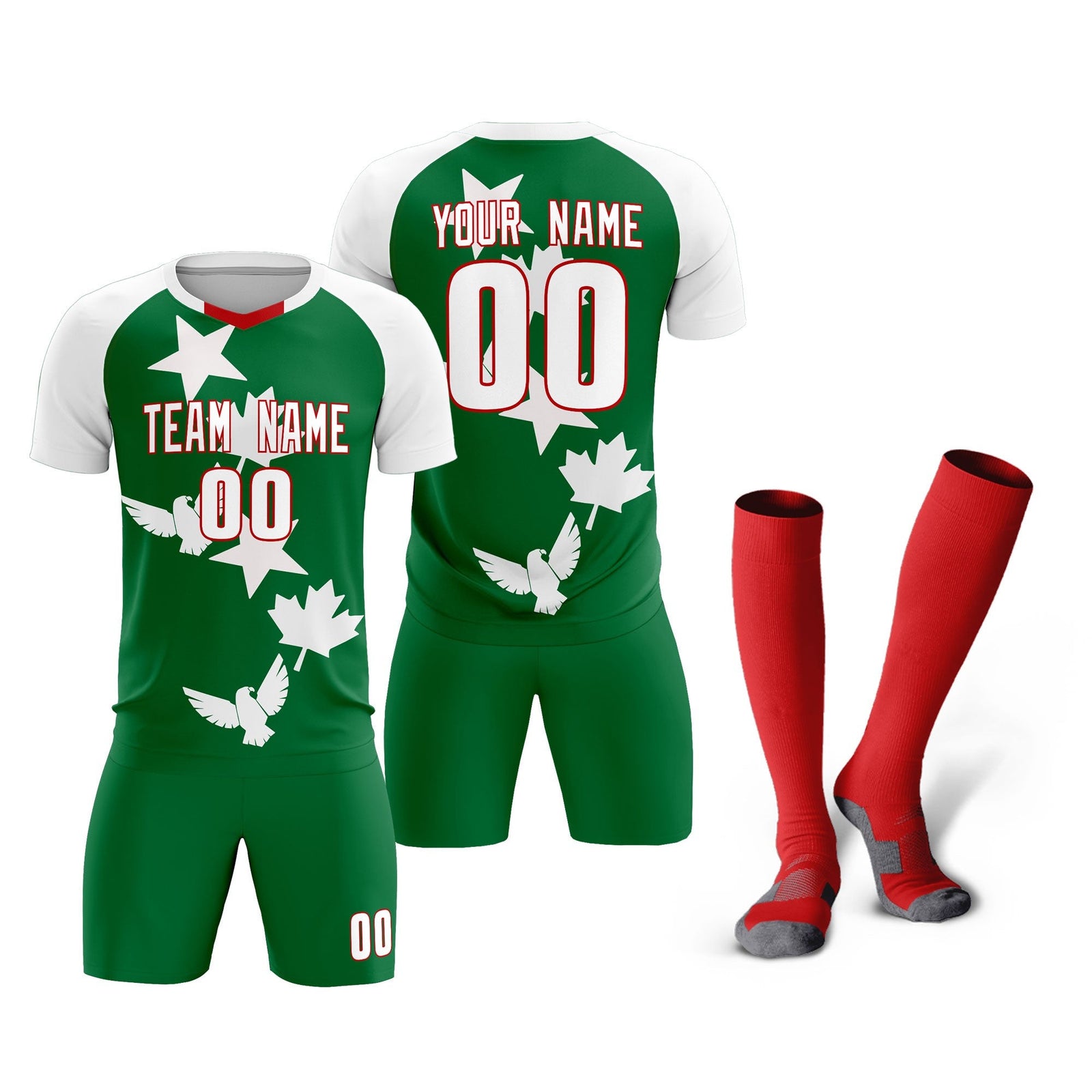 Custom White Kelly Green World Cup Inspired Wrinkle-Resistant Training Uniform Raglan Sleeve Soccer Sets Jersey