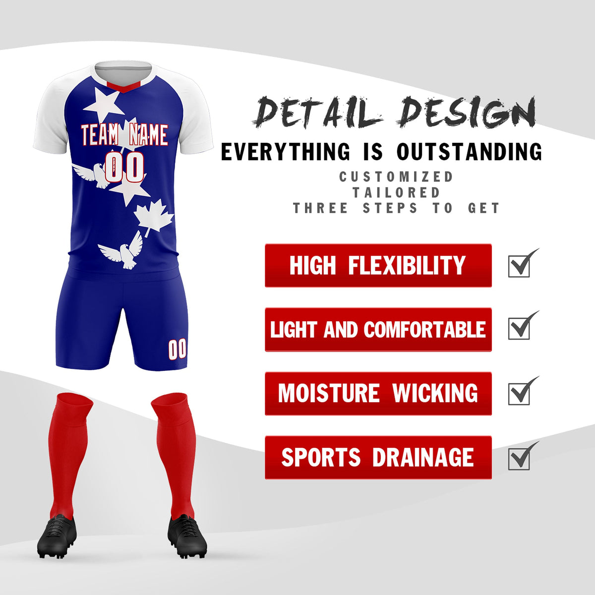 Custom White Royal World Cup Inspired Breathable&amp;Quick-Drying Training Uniform Raglan Sleeve Soccer Sets Jersey
