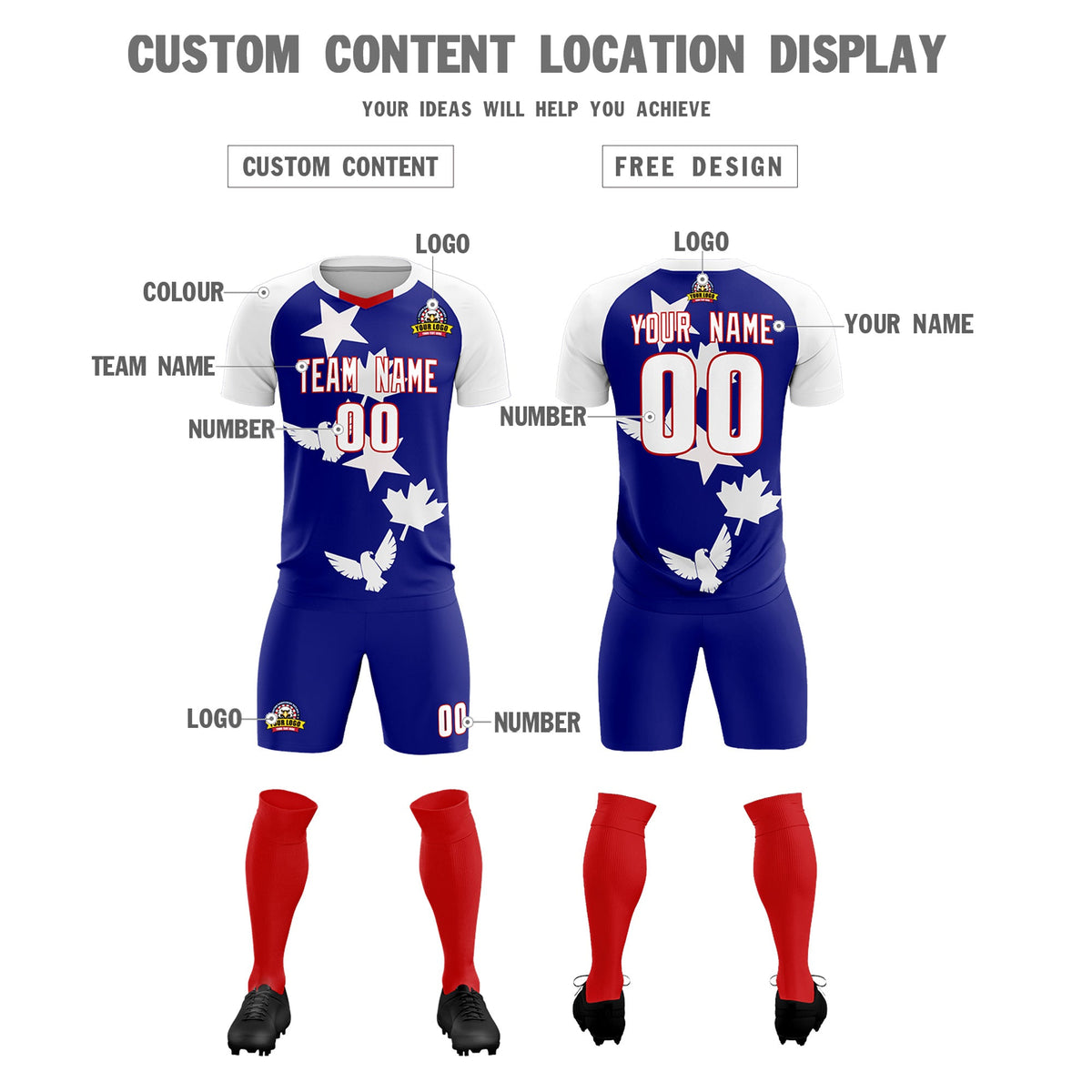 Custom White Royal World Cup Inspired Breathable&amp;Quick-Drying Training Uniform Raglan Sleeve Soccer Sets Jersey