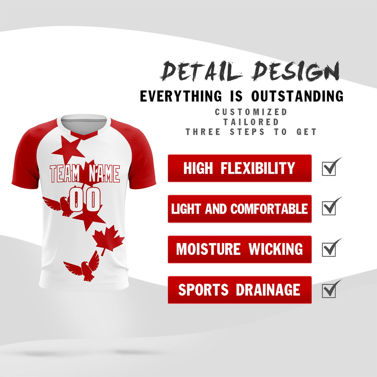 Custom Red White World Cup Inspired Lightweight&amp;Drapable Training Uniform Raglan Sleeve Soccer Sets Jersey