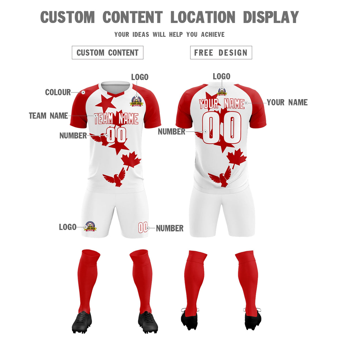 Custom Red White World Cup Inspired Lightweight&amp;Drapable Training Uniform Raglan Sleeve Soccer Sets Jersey