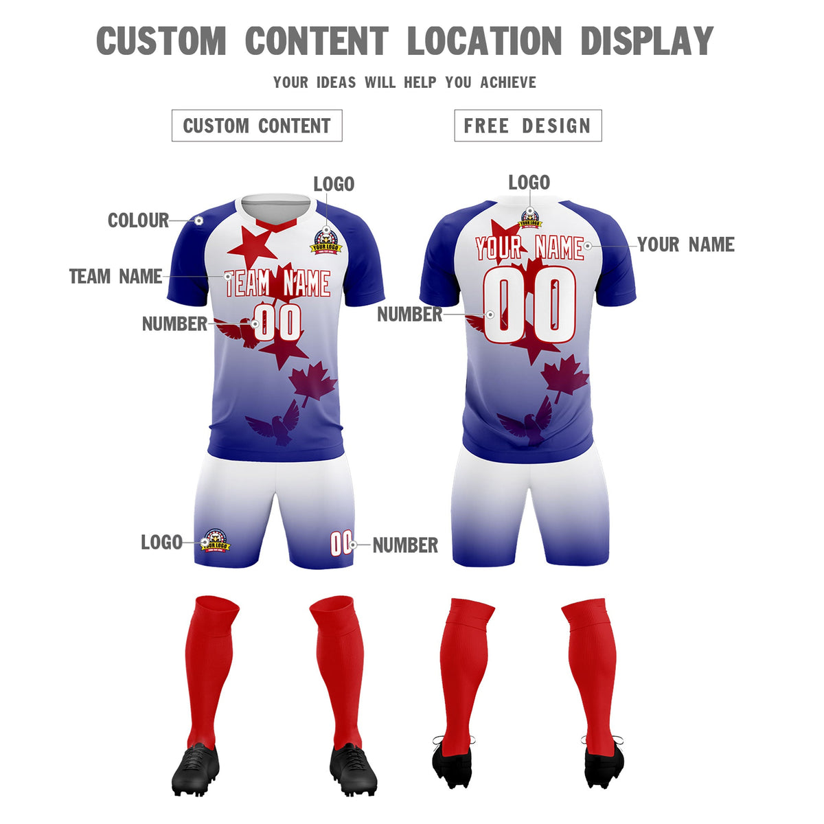 Custom Royal White World Cup Inspired Lightweight&amp;Drapable Training Uniform Gradient Fashion Soccer Sets Jersey