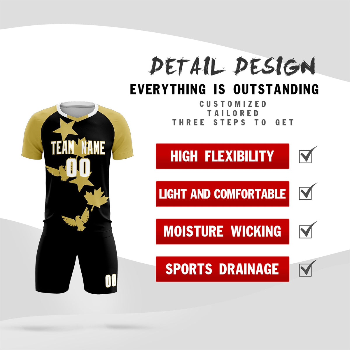 Custom Old Gold Black World Cup Inspired Wrinkle-Resistant Training Uniform Raglan Sleeve Soccer Sets Jersey