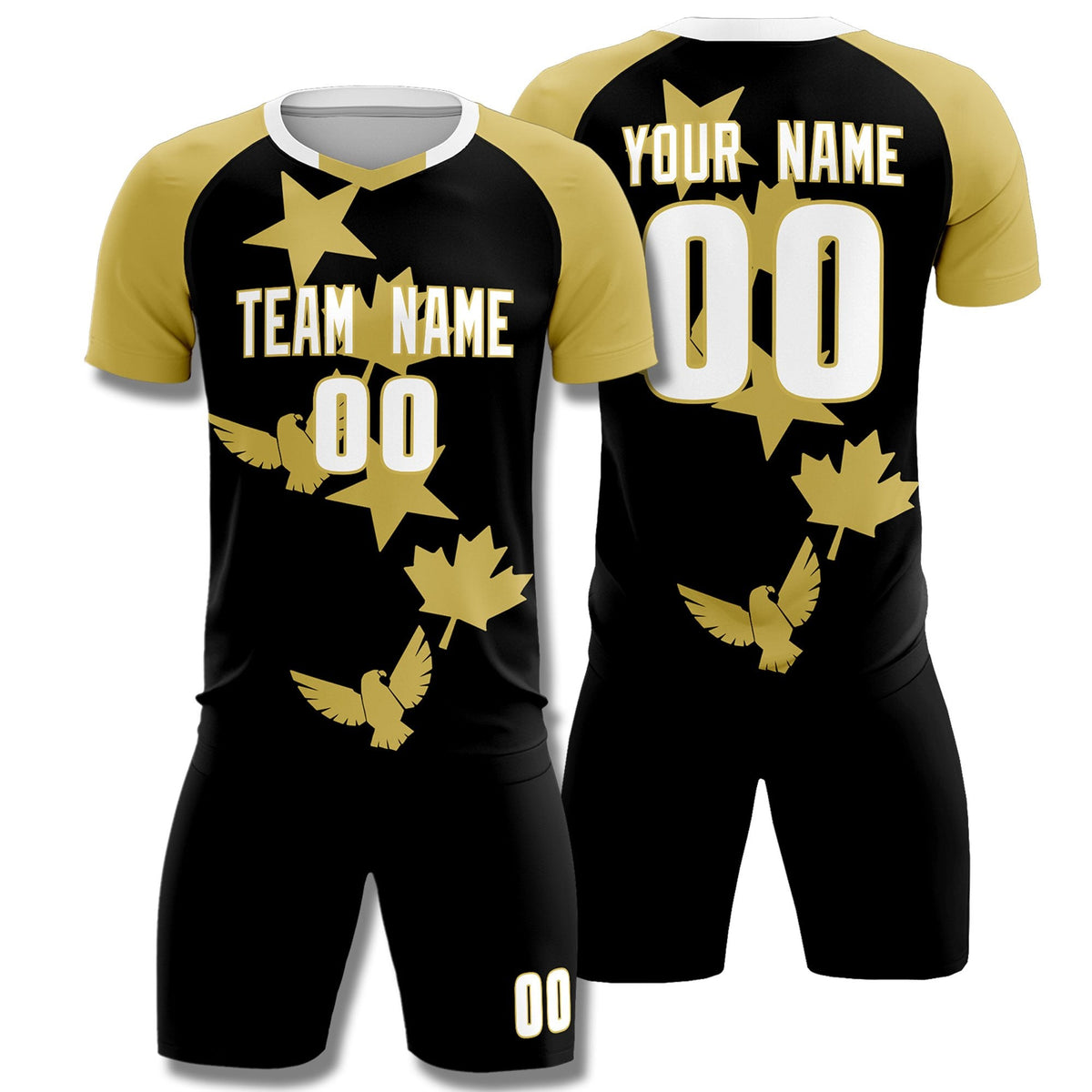 Custom Old Gold Black World Cup Inspired Wrinkle-Resistant Training Uniform Raglan Sleeve Soccer Sets Jersey