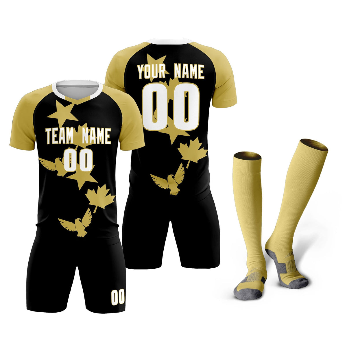 Custom Old Gold Black World Cup Inspired Wrinkle-Resistant Training Uniform Raglan Sleeve Soccer Sets Jersey
