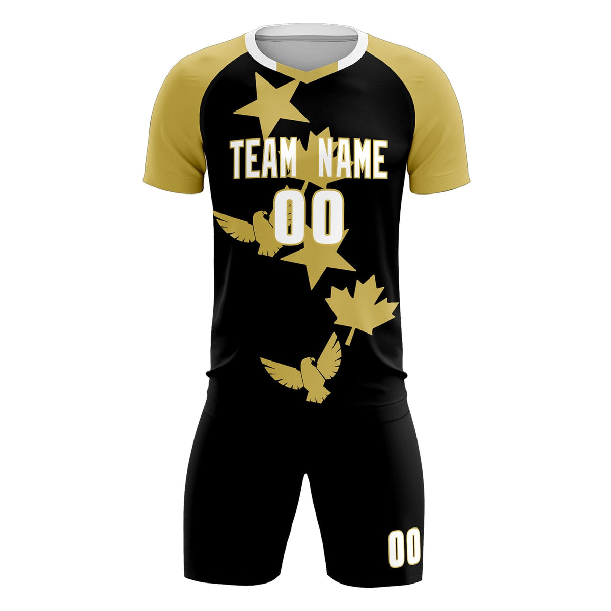 Custom Old Gold Black World Cup Inspired Wrinkle-Resistant Training Uniform Raglan Sleeve Soccer Sets Jersey