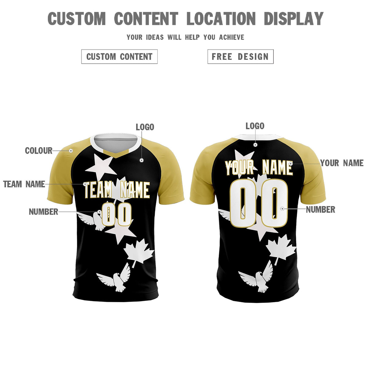 Custom Old Gold Black World Cup Inspired Quick-Drying Training Uniform Raglan Sleeve Soccer Sets Jersey