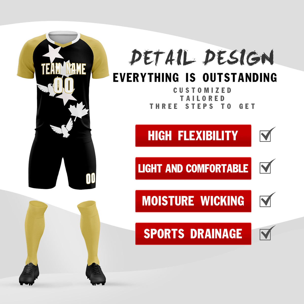 Custom Old Gold Black World Cup Inspired Quick-Drying Training Uniform Raglan Sleeve Soccer Sets Jersey