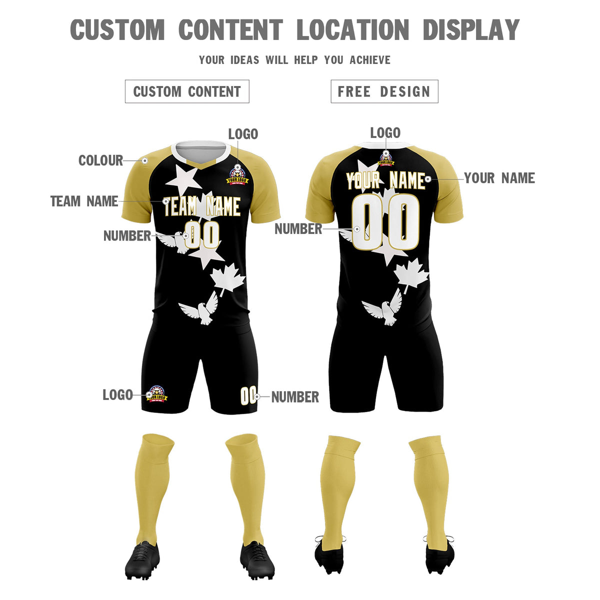 Custom Old Gold Black World Cup Inspired Quick-Drying Training Uniform Raglan Sleeve Soccer Sets Jersey