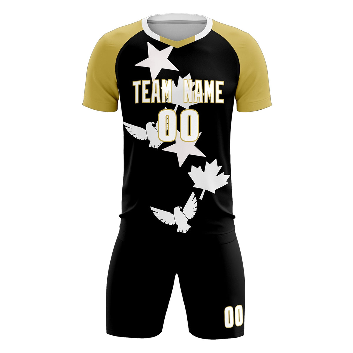 Custom Old Gold Black World Cup Inspired Quick-Drying Training Uniform Raglan Sleeve Soccer Sets Jersey